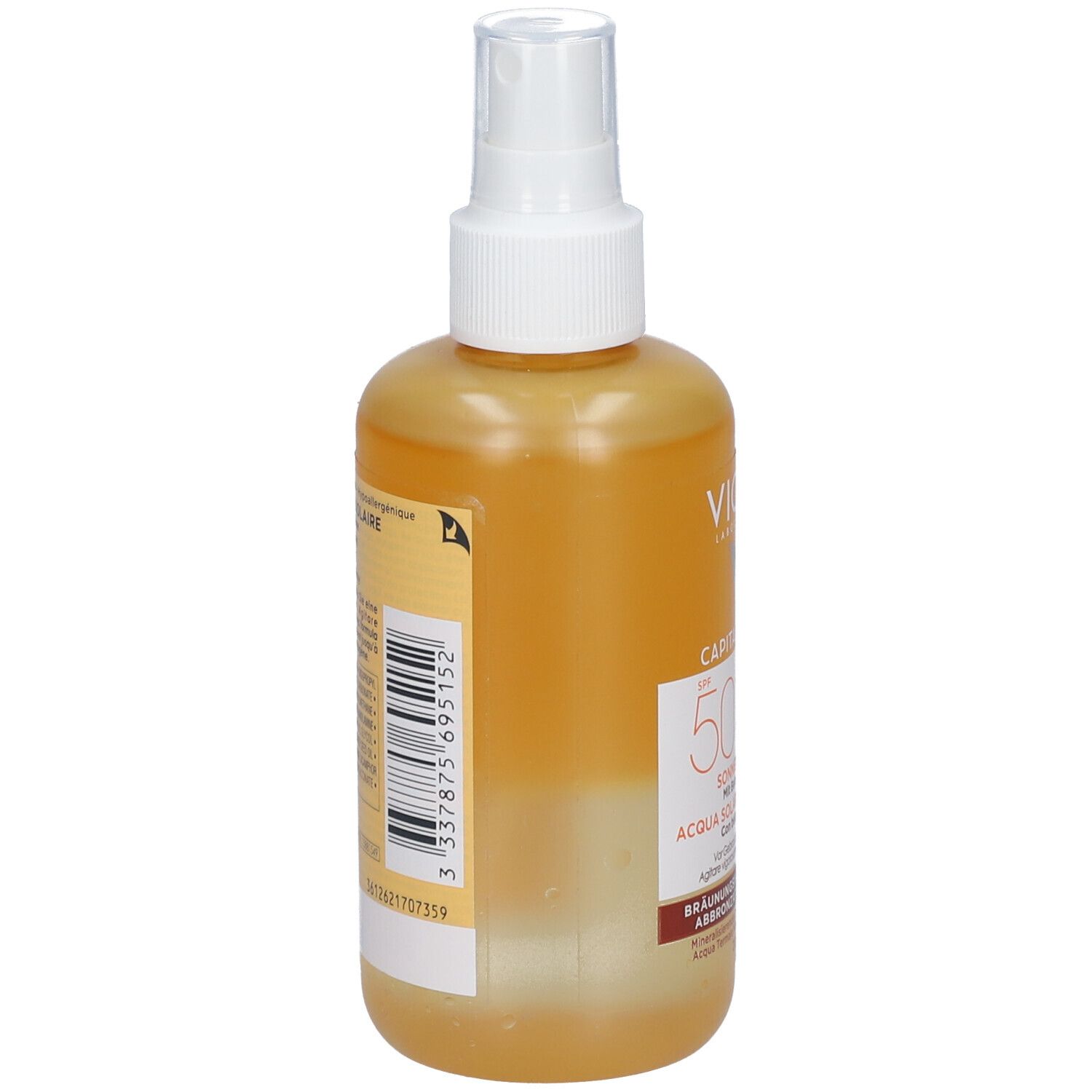 Vichy Capital Soleil Sonnenspray braun LSF 50. Rückseite der Flasche. Text und Barcode.