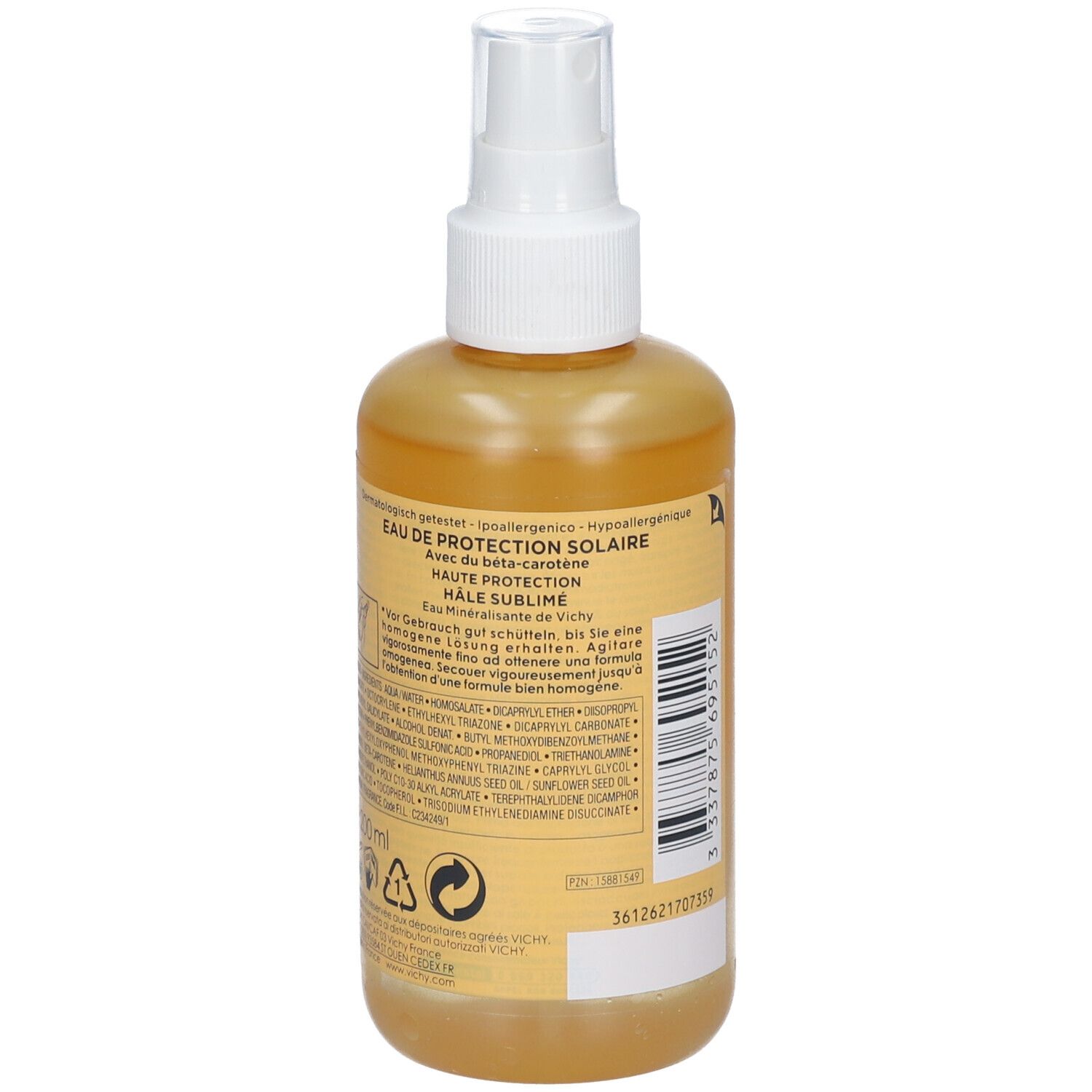 Vichy Capital Soleil Sonnenspray braun LSF 50. Rückseite der Flasche. Text und Inhaltsstoffe.