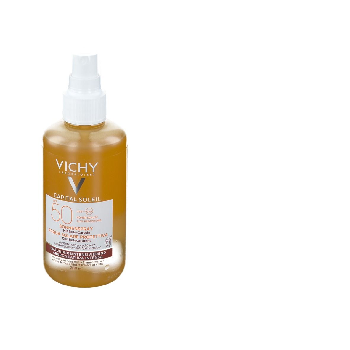 Vichy Capital Soleil Sonnenspray braun LSF 50. Flasche mit Sprühkopf. Aufschrift: Sonnenspray, Acqua Solare Protettiva.