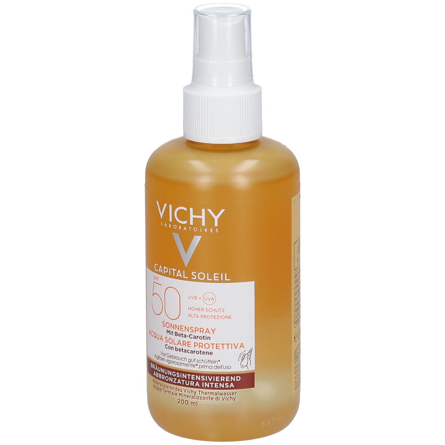Vichy Capital Soleil Sonnenspray braun LSF 50. Flasche mit Sprühkopf. Aufschrift: Sonnenspray, Acqua Solare Protettiva.
