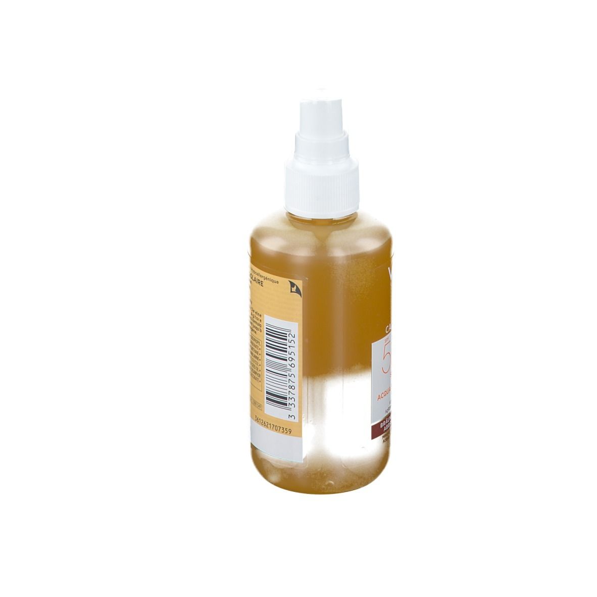 Vichy Capital Soleil Sonnenspray braun LSF 50. Rückseite der Flasche. Text und Barcode.