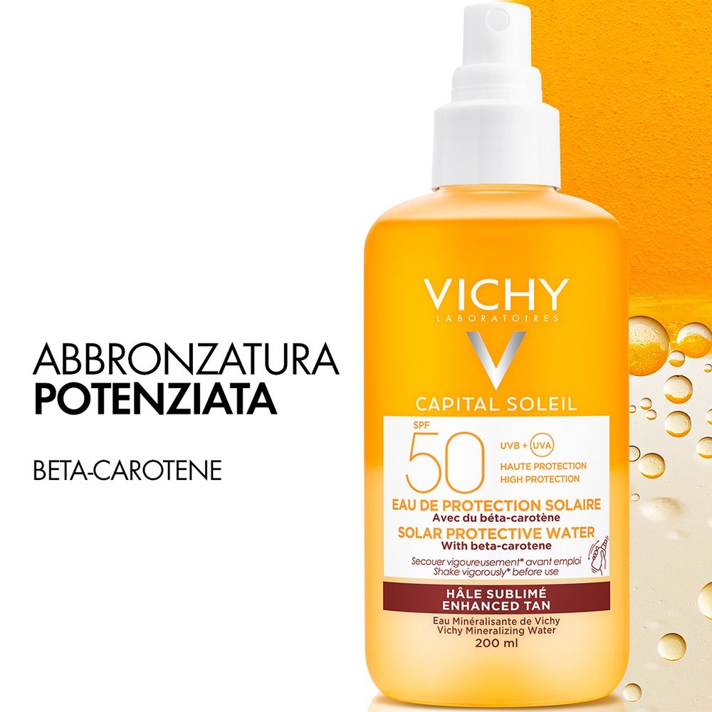 Vichy Capital Soleil Sonnenspray braun LSF 50. Flasche mit Sprühkopf. Text: Abbronzatura Potenziata, Beta-Carotene.