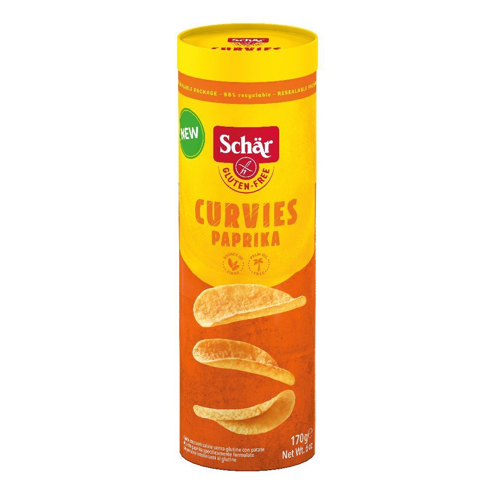 Confezione cilindrica di Schär Curvies Paprika. Design giallo-arancione con nome del prodotto e logo senza glutine. 170g.