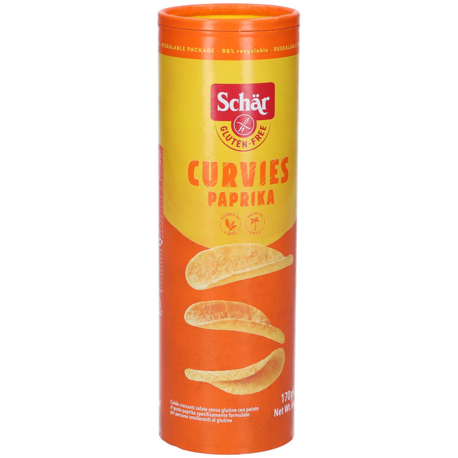 Confezione cilindrica di Schär Curvies Paprika. Design giallo-arancione con nome del prodotto e logo senza glutine. 170g.