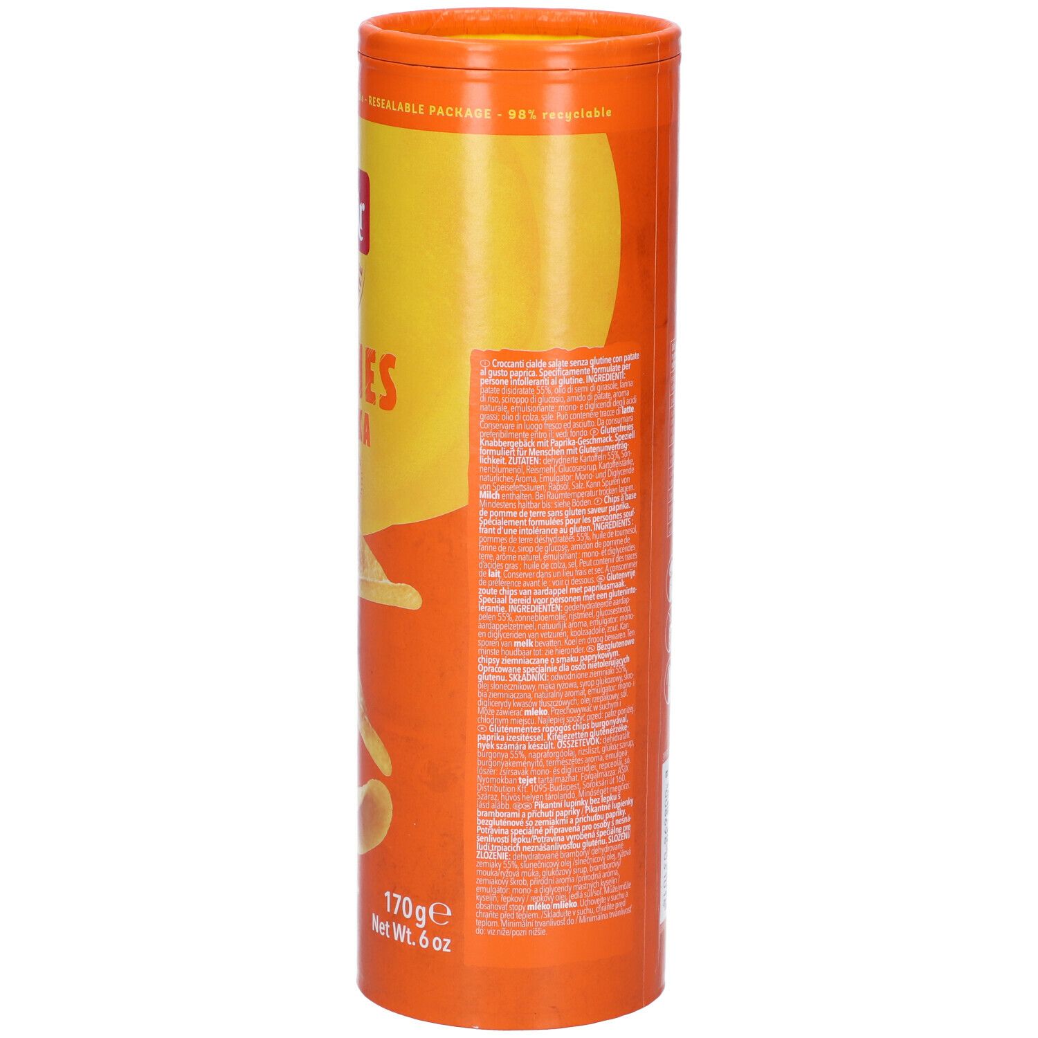Confezione cilindrica di Schär Curvies Paprika. Retro con testo e informazioni nutrizionali. 170g.