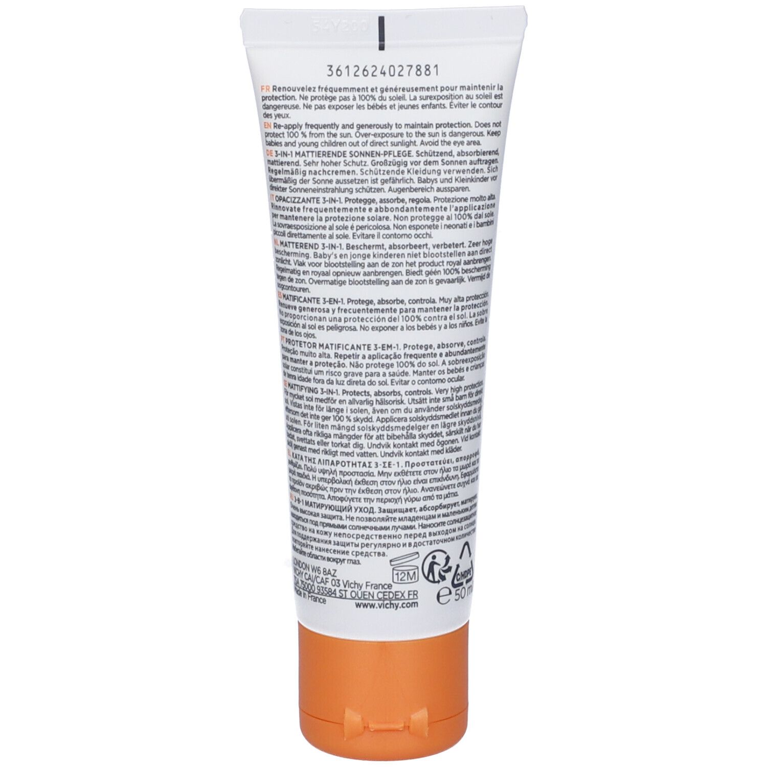 Tubo e confezione Vichy Capital Soleil LSF 50+. Tubo bianco, tappo arancione. Testo: SPF 50+, opacizzante. Scatola accanto.