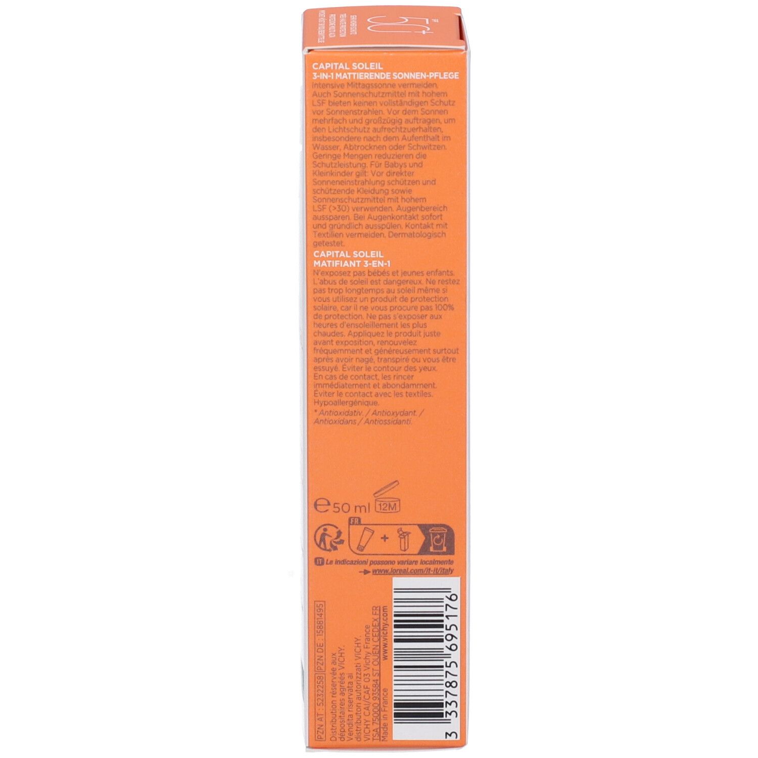 Lato della confezione Vichy Capital Soleil LSF 50+. Testo multilingue. Arancione e bianco. Informazioni sul prodotto.