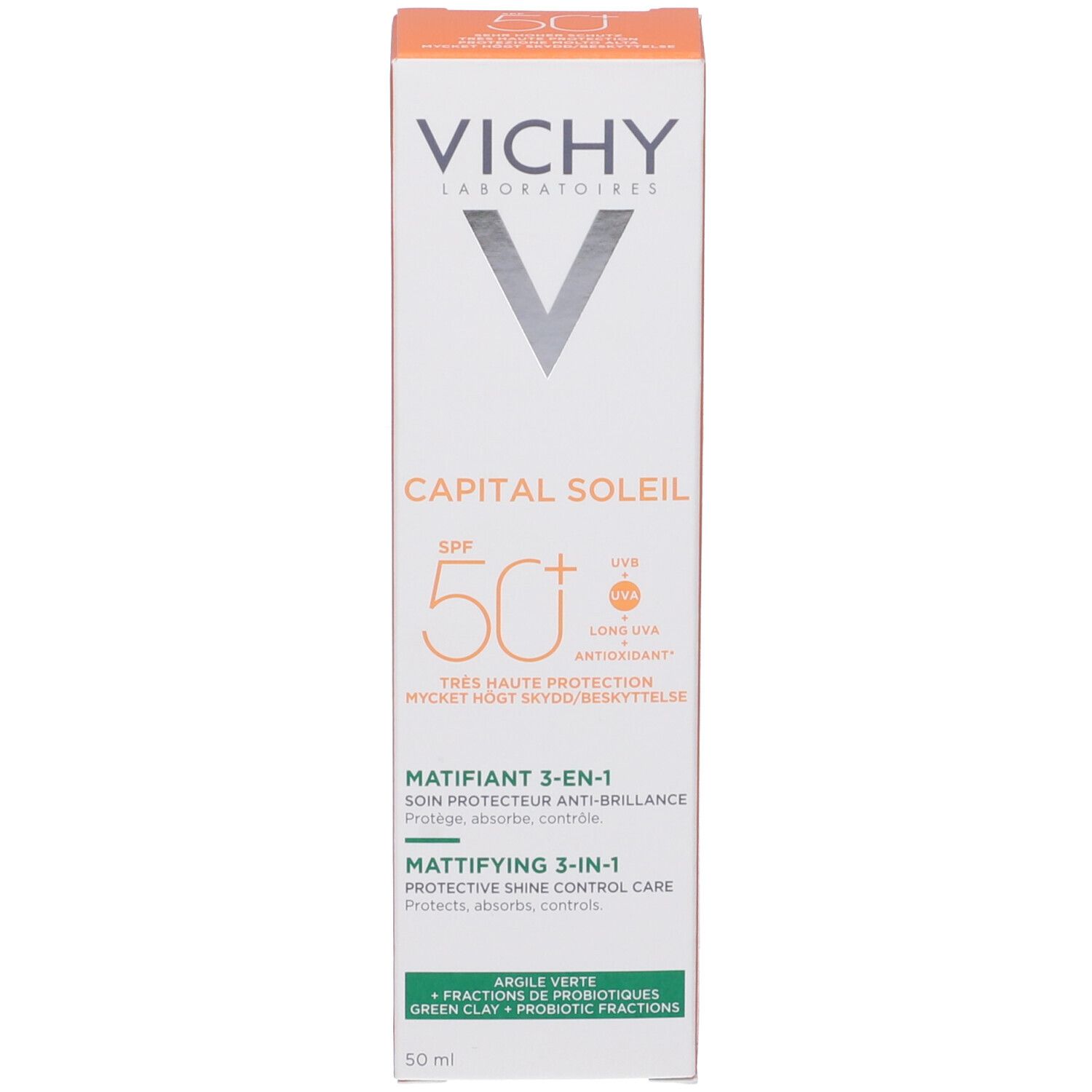 Confezione Vichy Capital Soleil LSF 50+. Bianco, arancione. Testo: SPF 50+, opacizzante. Nome e marchio.