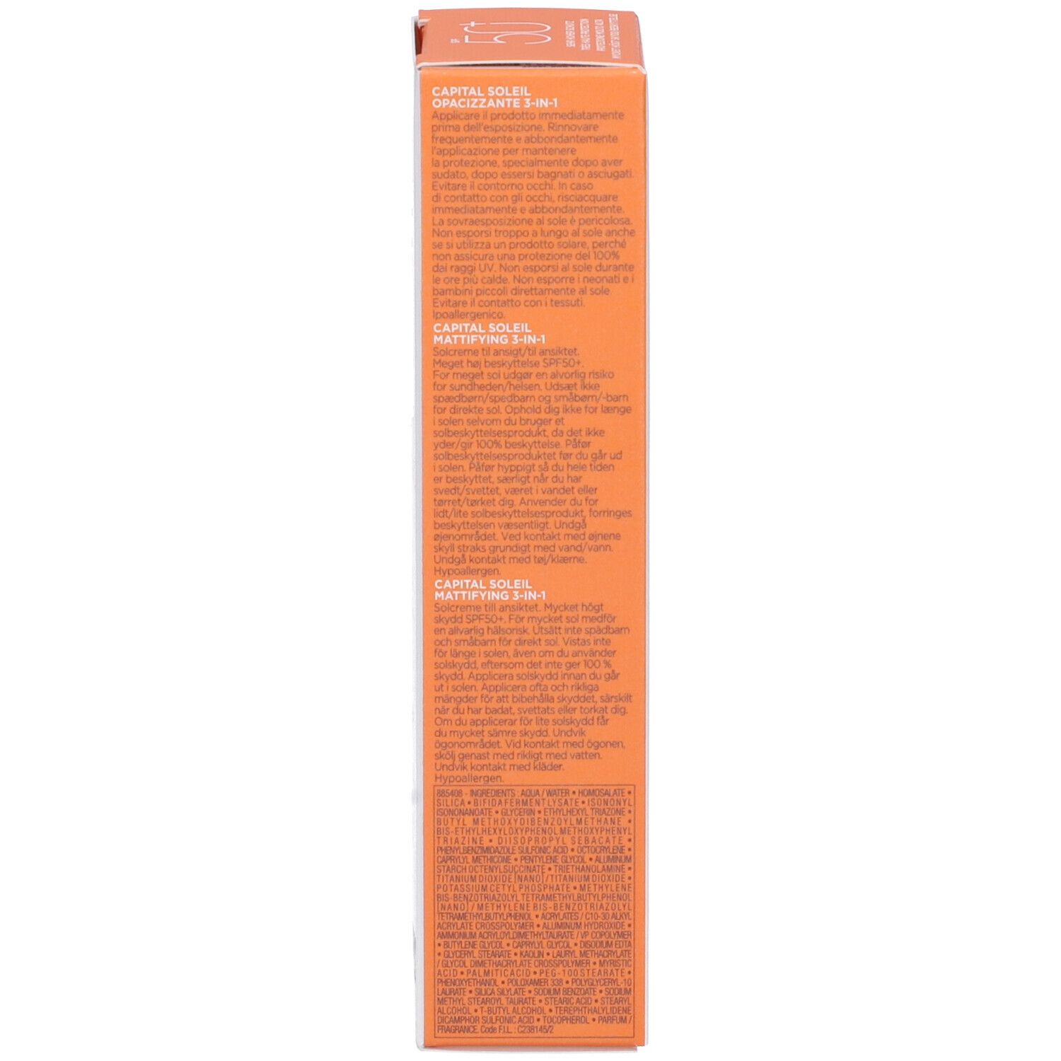 Lato della confezione Vichy Capital Soleil LSF 50+. Testo multilingue. Arancione e bianco. Informazioni sul prodotto.