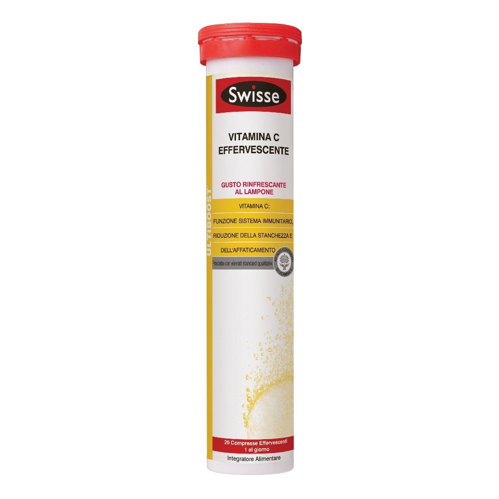 Confezione cilindrica di integratore Swisse Vitamina C. Gusto lampone. Tappo rosso, etichetta gialla.