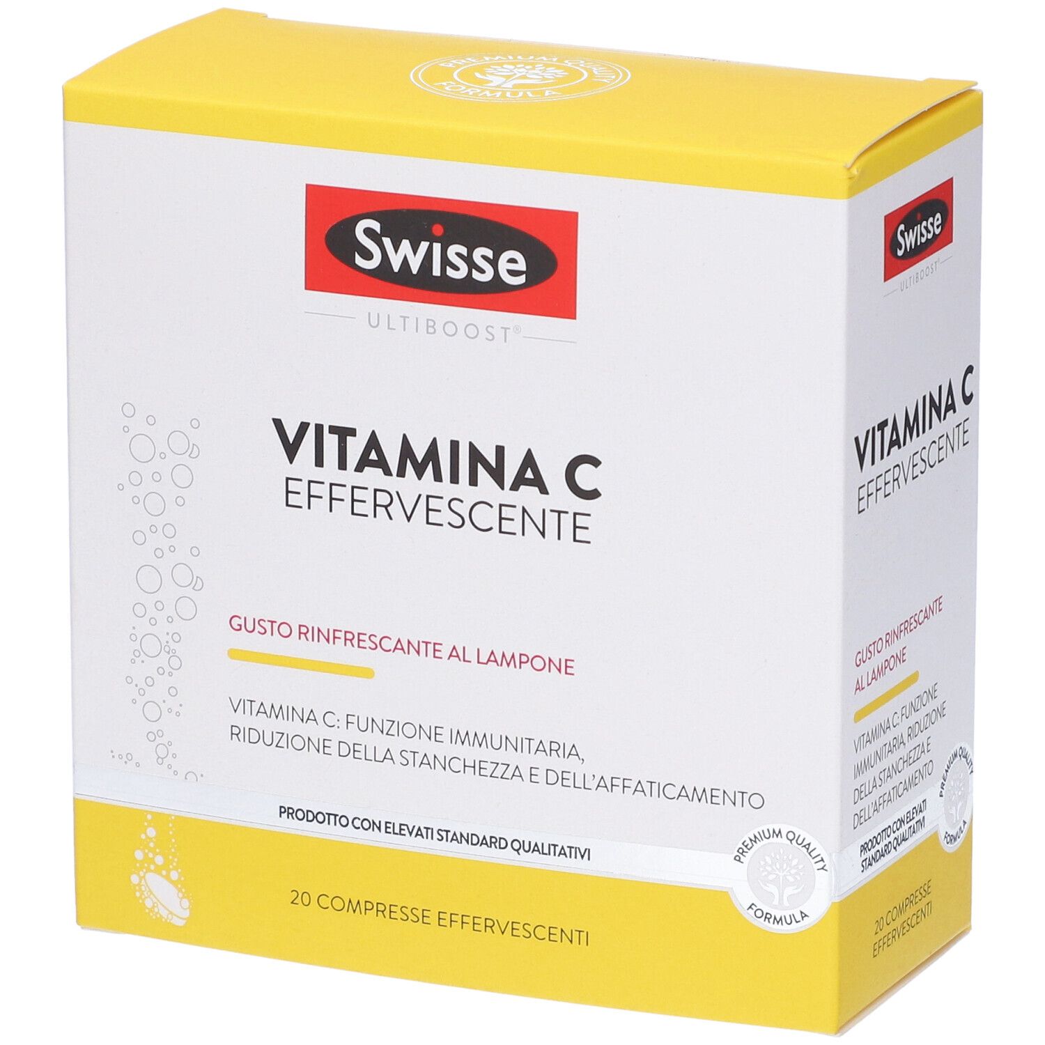 Scatola gialla di integratore Swisse Vitamina C. Gusto lampone, 20 compresse effervescenti.