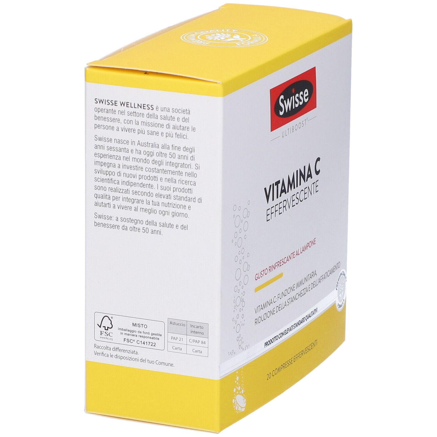 Scatola gialla con testo. Marchio Swisse, Vitamina C, compresse effervescenti. Testo sull'azienda e ingredienti.