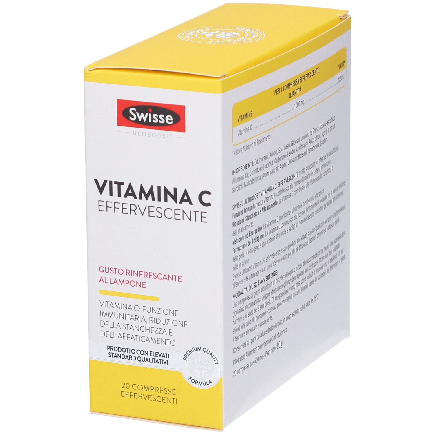 Scatola gialla di integratore Swisse Vitamina C. Gusto lampone, 20 compresse effervescenti.