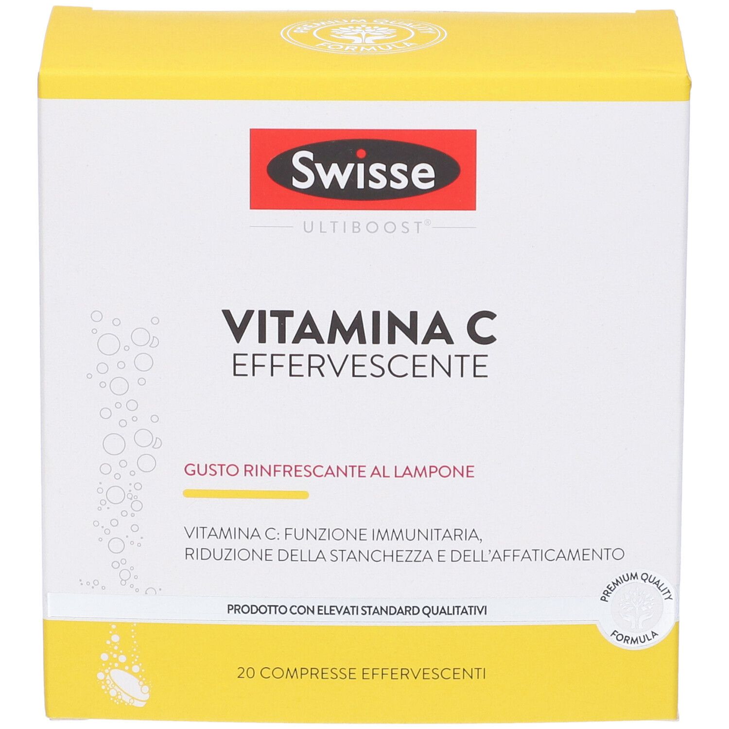 Scatola gialla di integratore Swisse Vitamina C. Gusto lampone, 20 compresse effervescenti.