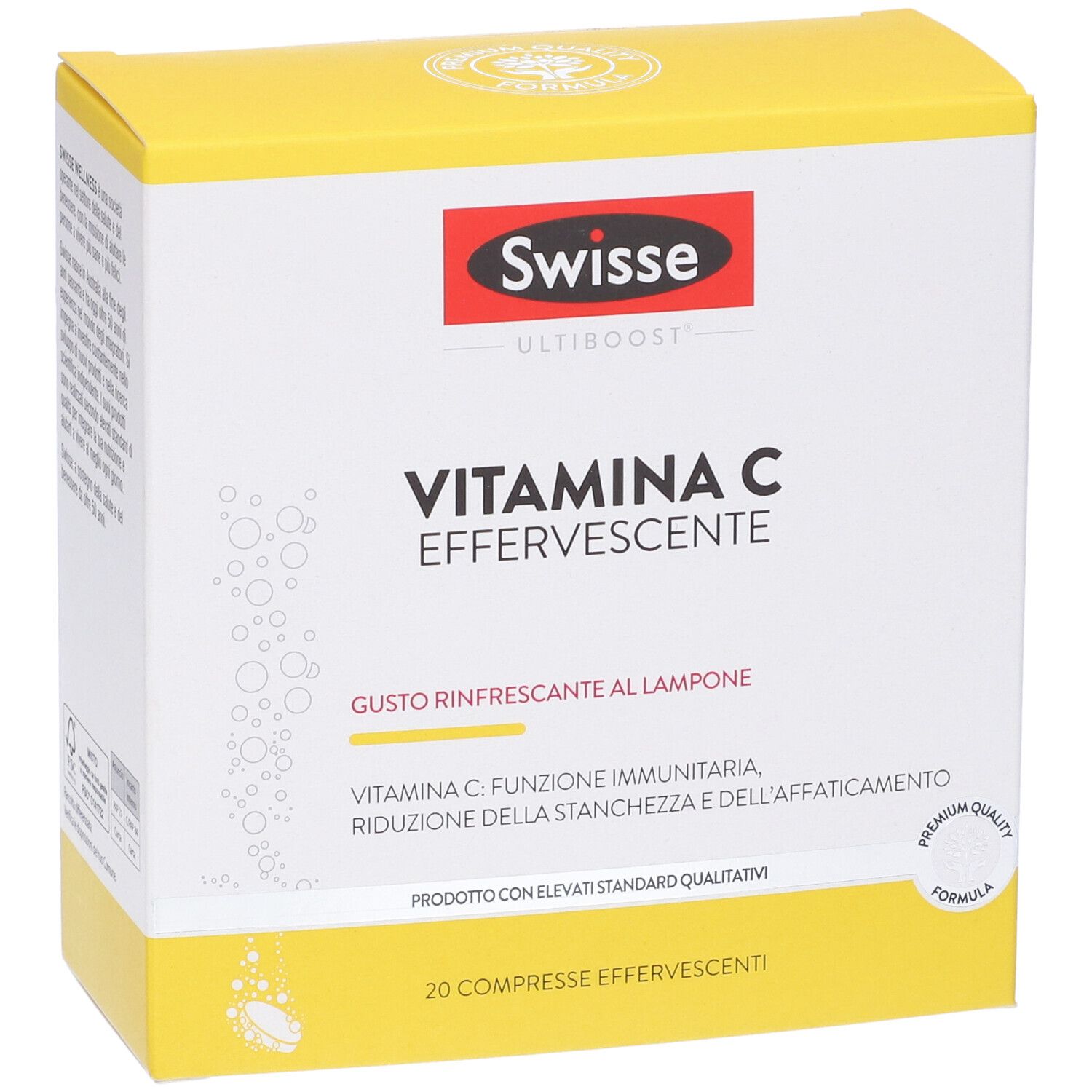 Scatola gialla di integratore Swisse Vitamina C. Gusto lampone, 20 compresse effervescenti.
