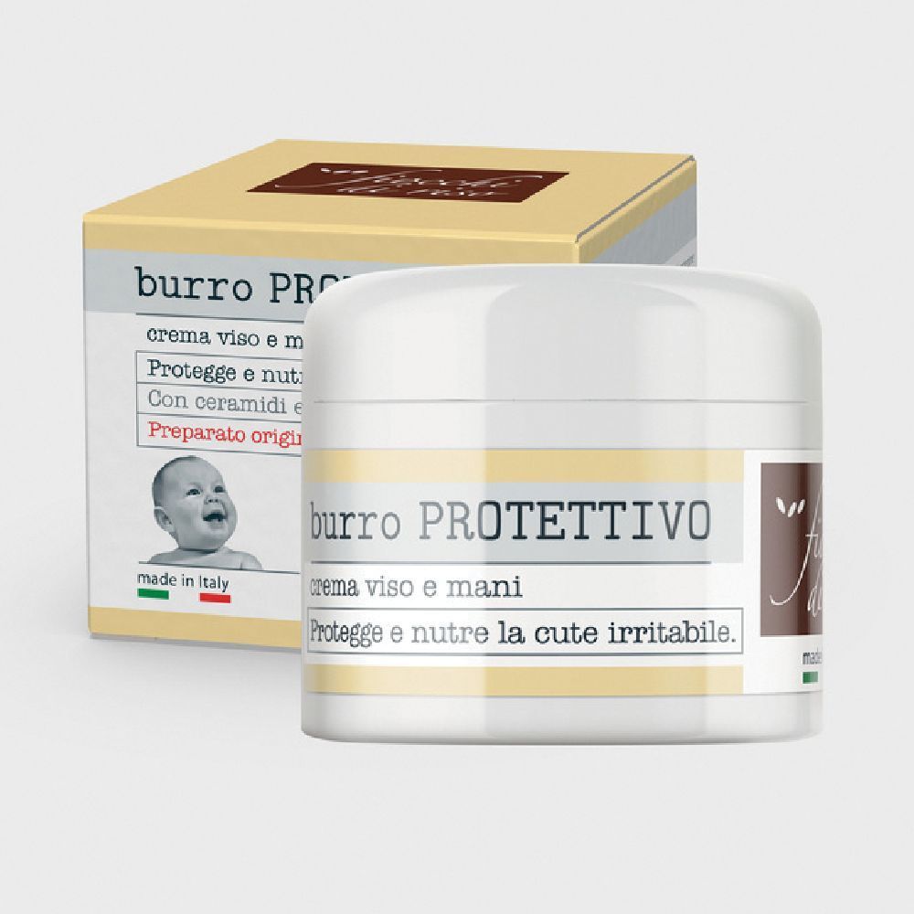 Vaso e scatola di crema. Scritta: burro PROTETTIVO, crema viso e mani. Illustrazione di bambino. Prodotto in Italia.