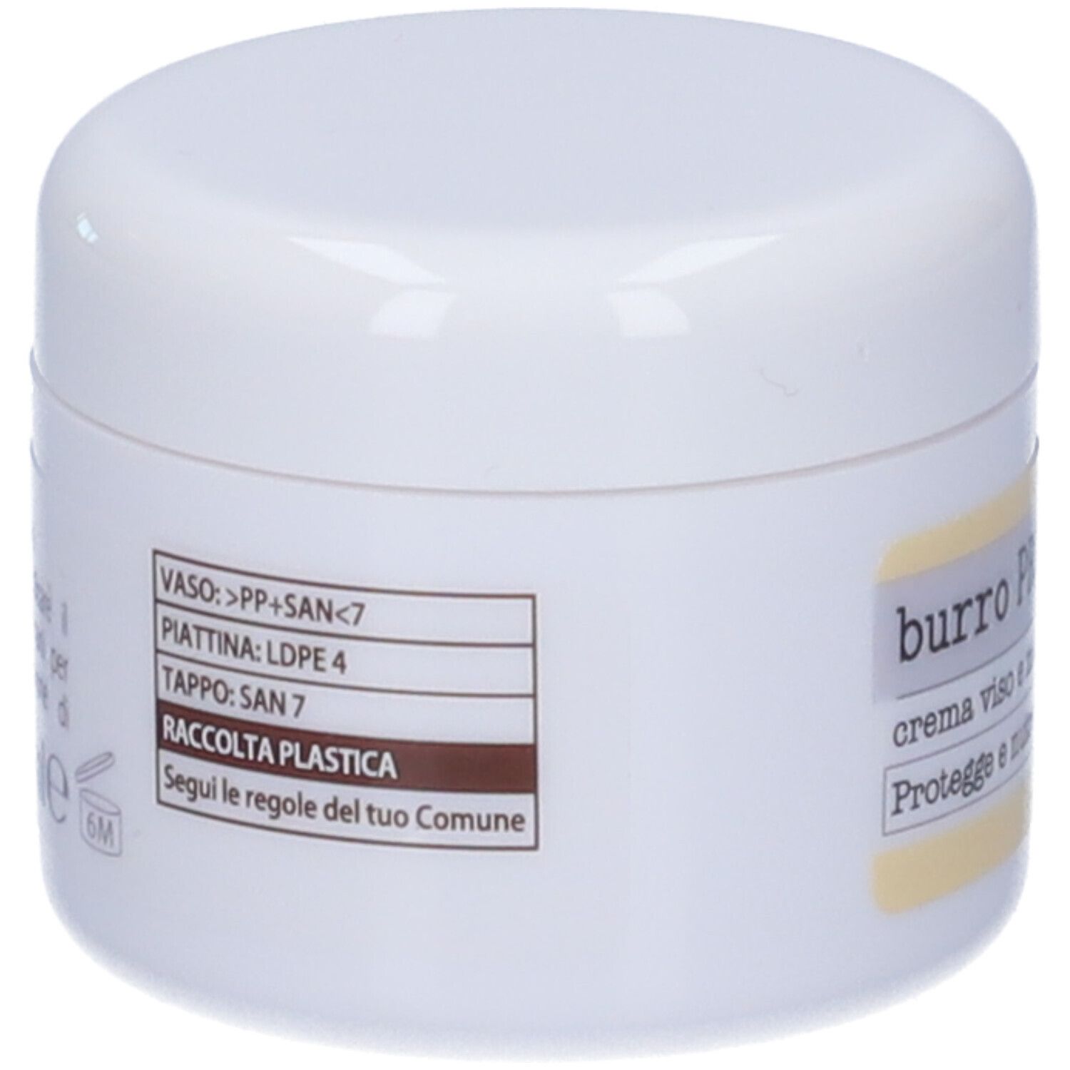 Vaso di crema bianco. Scritta: vaso, piattina, tappo, raccolta plastica. Testo in italiano.
