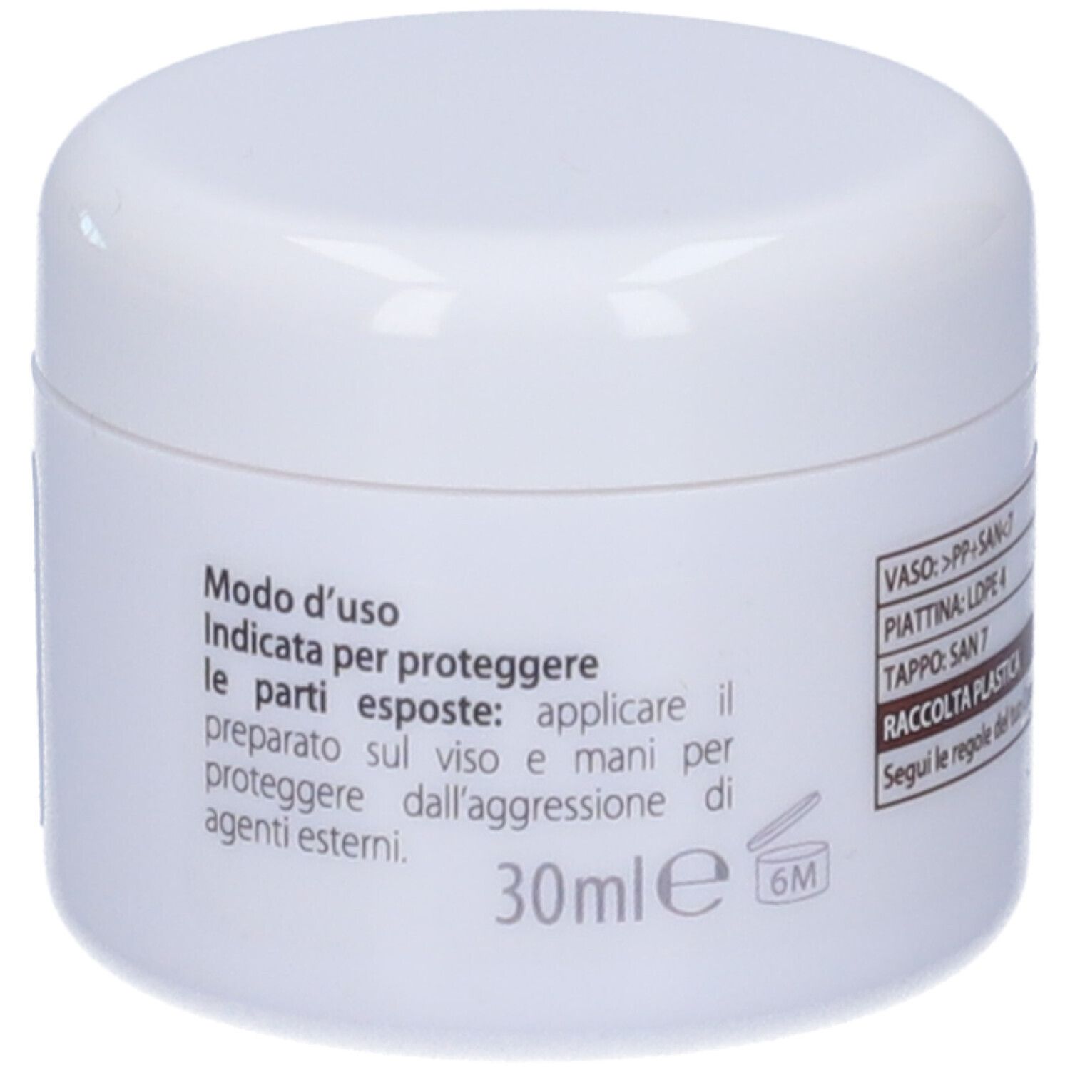 Vaso di crema bianco. Scritta: Modo d'uso, 30ml, 6M. Testo in italiano.
