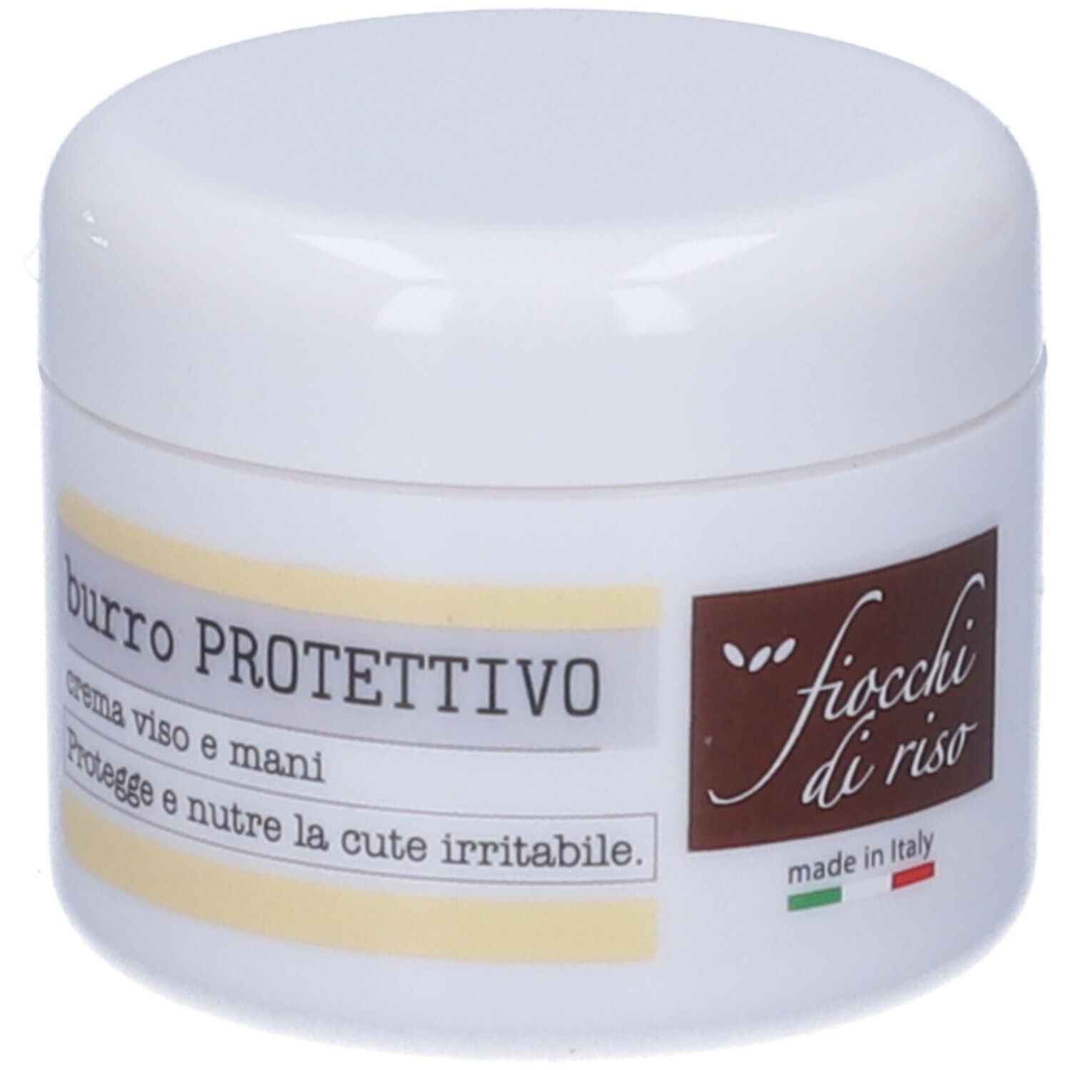 Vaso di crema bianco con scritta: burro PROTETTIVO, crema viso e mani. Logo: fiocchi di riso. Prodotto in Italia.