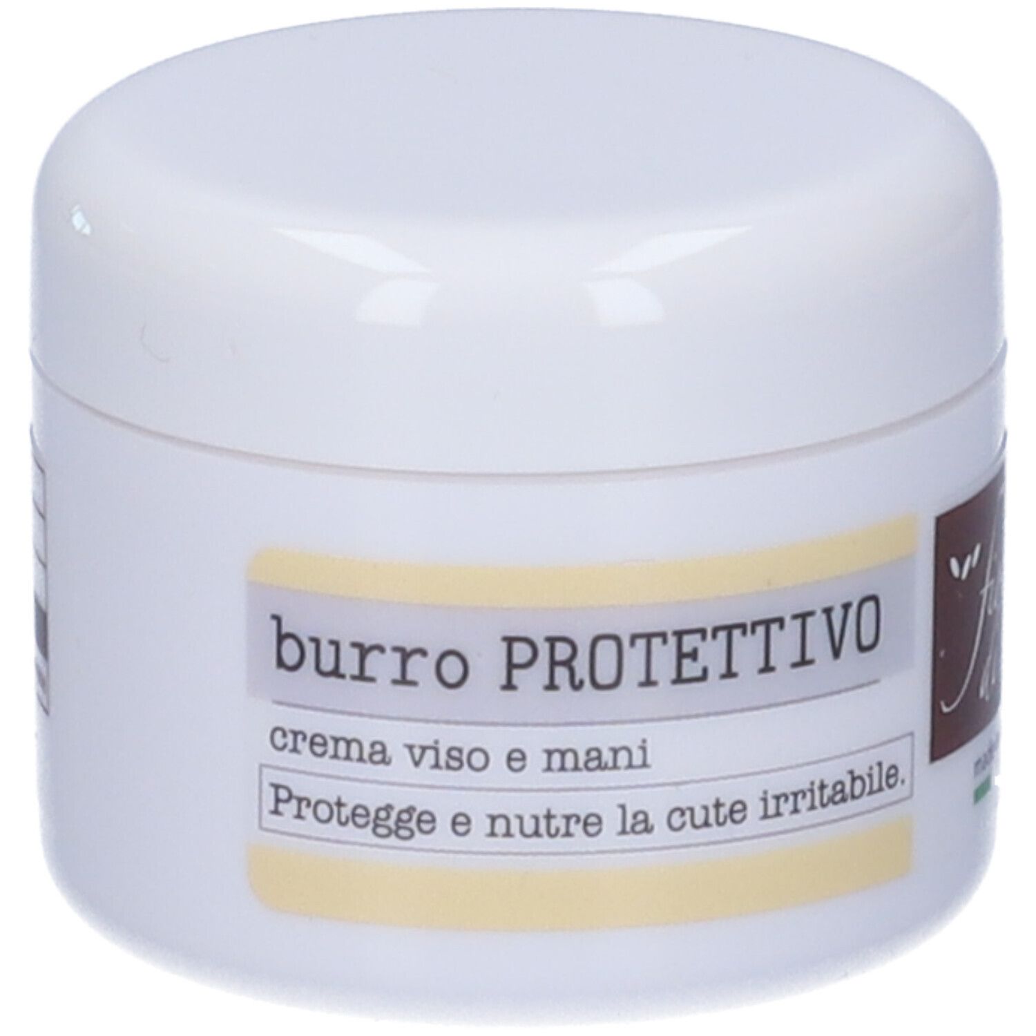 Vaso di crema bianco con scritta: burro PROTETTIVO, crema viso e mani. Logo: fiocchi di riso. Prodotto in Italia.