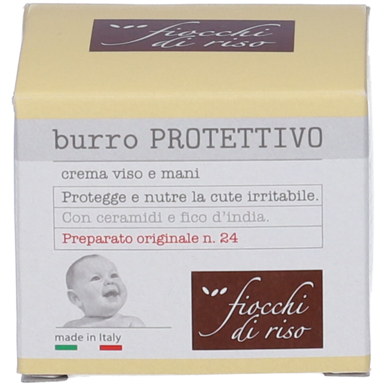 Scatola con scritta: burro PROTETTIVO, crema viso e mani. Logo: fiocchi di riso. Illustrazione di bambino. Prodotto in Italia.