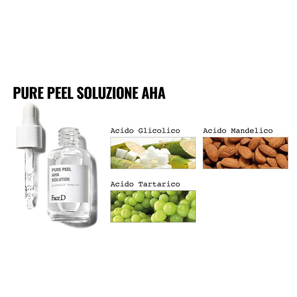 FACE D Pure Peel AHA Solution. Produkt mit Inhaltsstoffen. Glykolsäure, Mandelsäure, Weinsäure. Flasche mit Pipette.