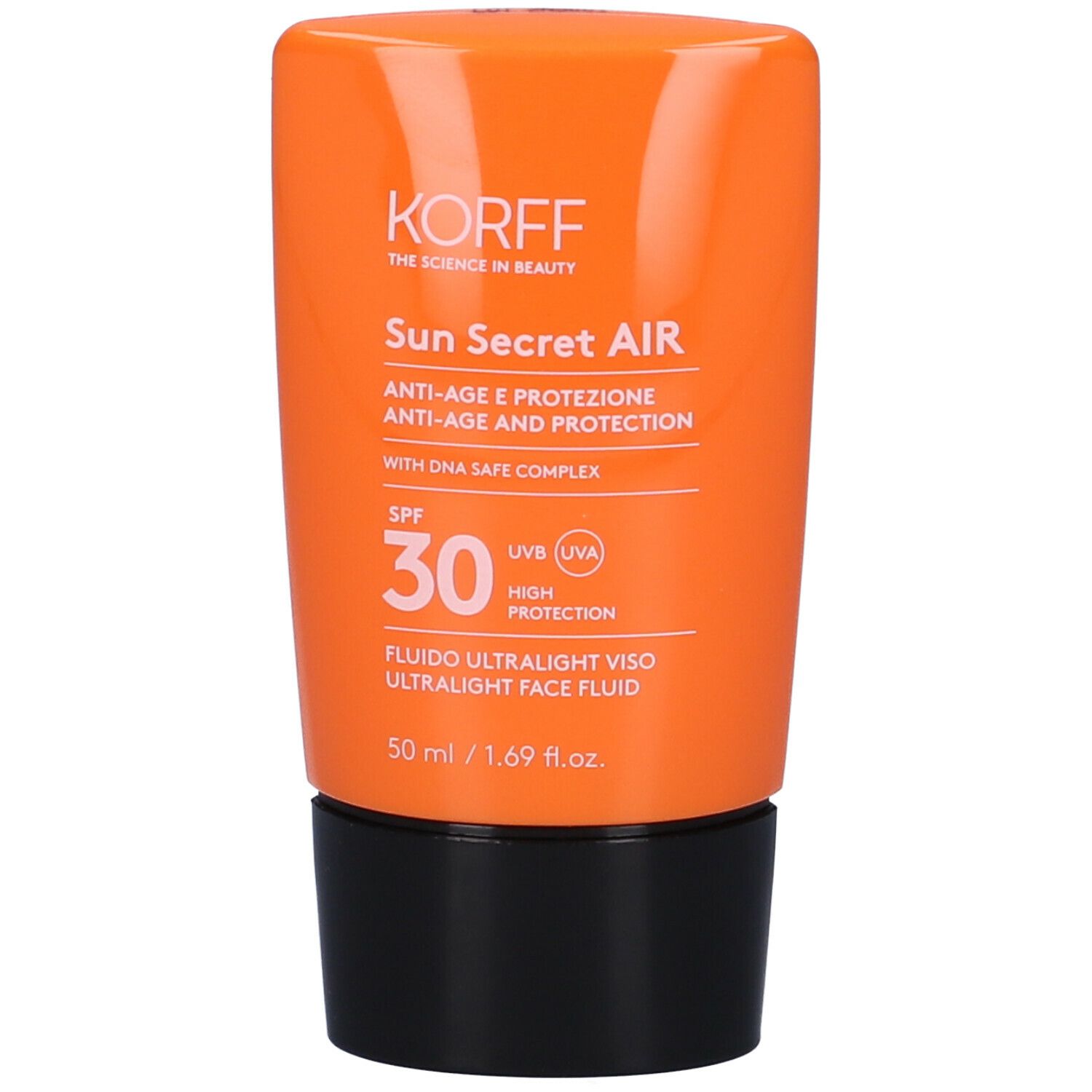 Flacone arancione con tappo nero. Scritta: Korff Sun Secret Air SPF 30. Fluido Ultralight Face Fluid.