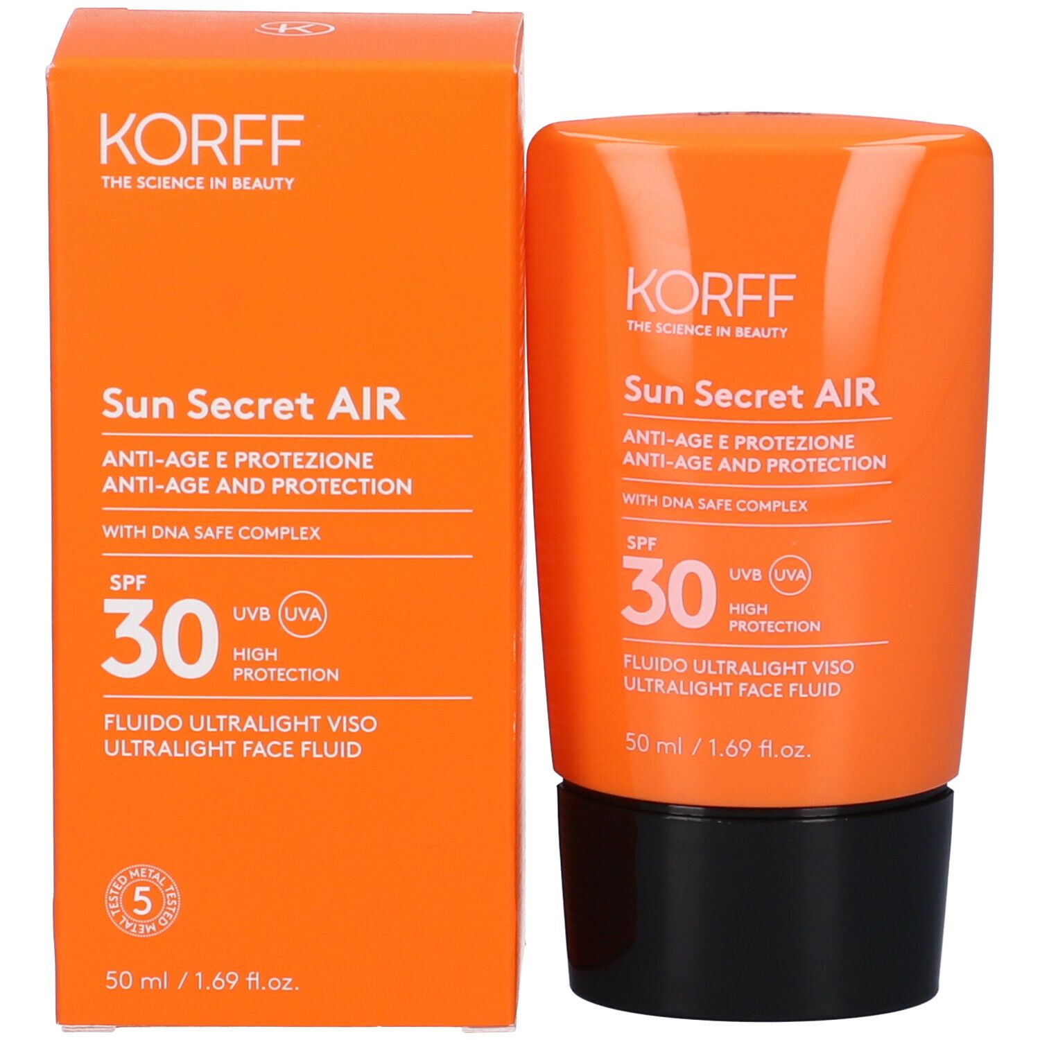 Scatola e flacone arancioni. Scritta: Korff Sun Secret Air SPF 30. Fluido Ultralight Face Fluid. Confezione.