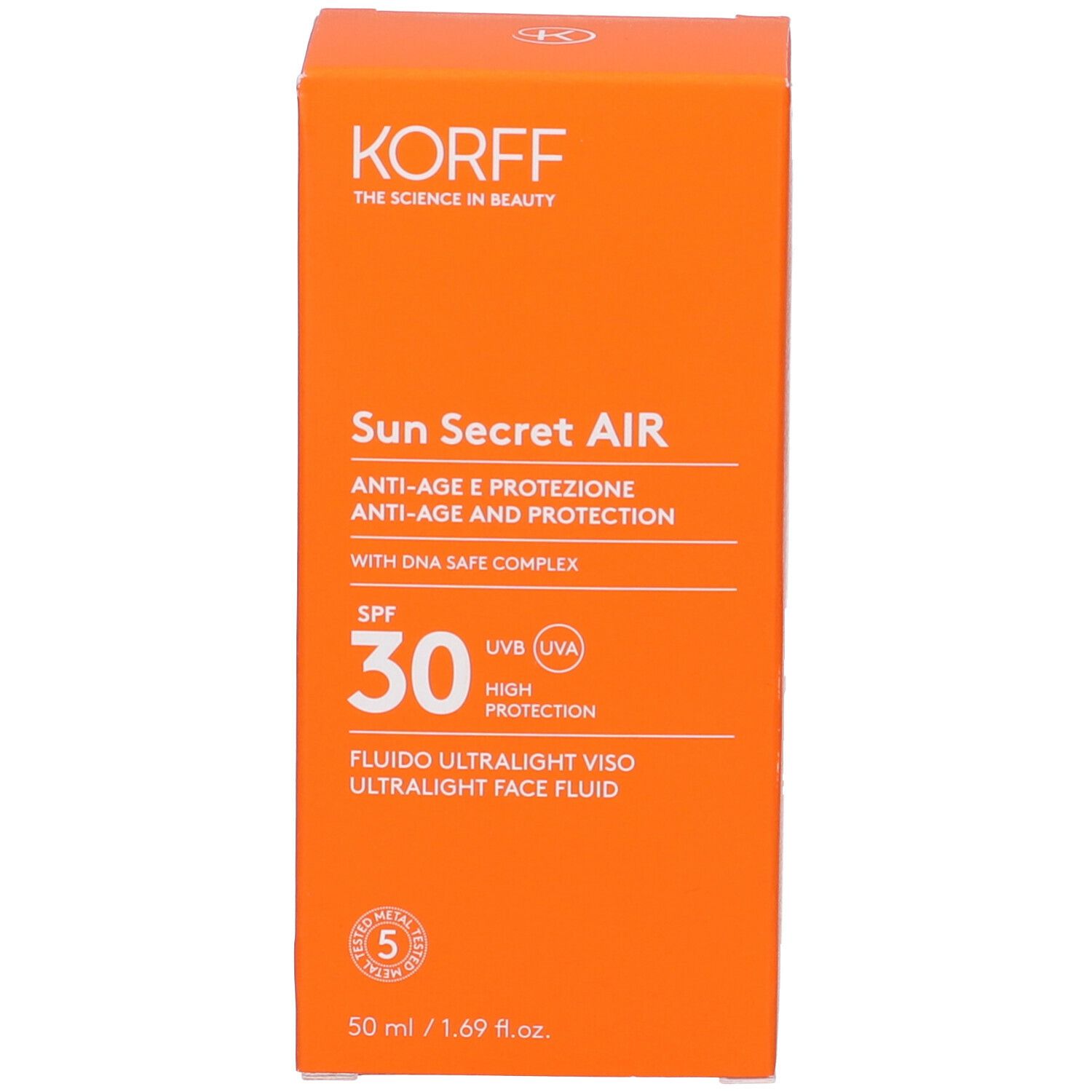 Scatola arancione. Scritta: Korff Sun Secret Air SPF 30. Fluido Ultralight Face Fluid. Confezione.