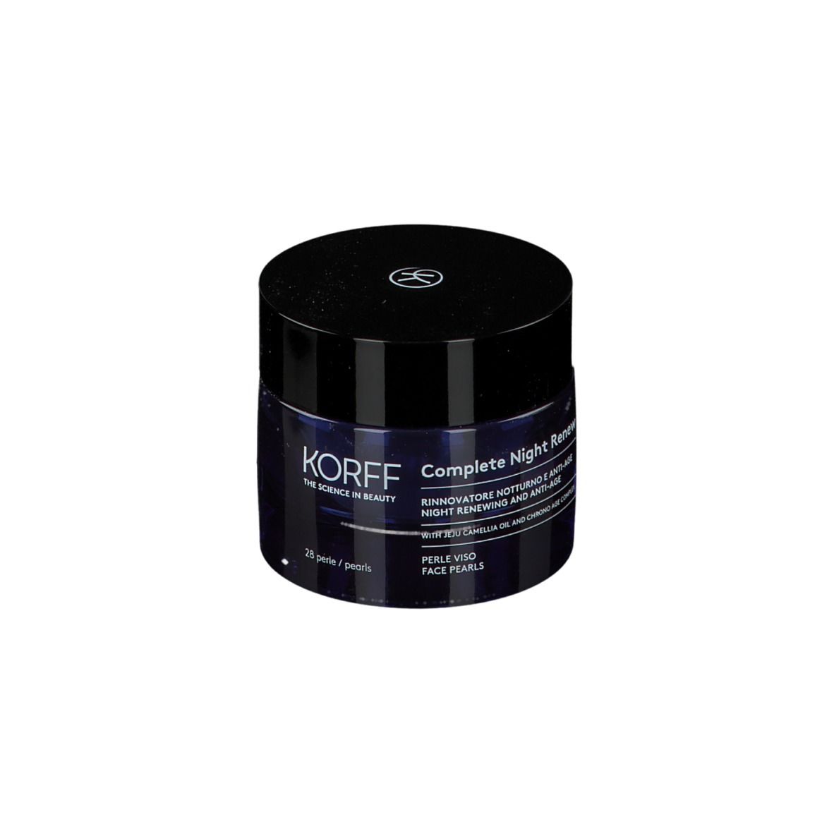 Dunkelblaue Dose mit schwarzem Deckel. Aufschrift: KORFF, Complete Night Renew, 28 Perlen. Monodose.