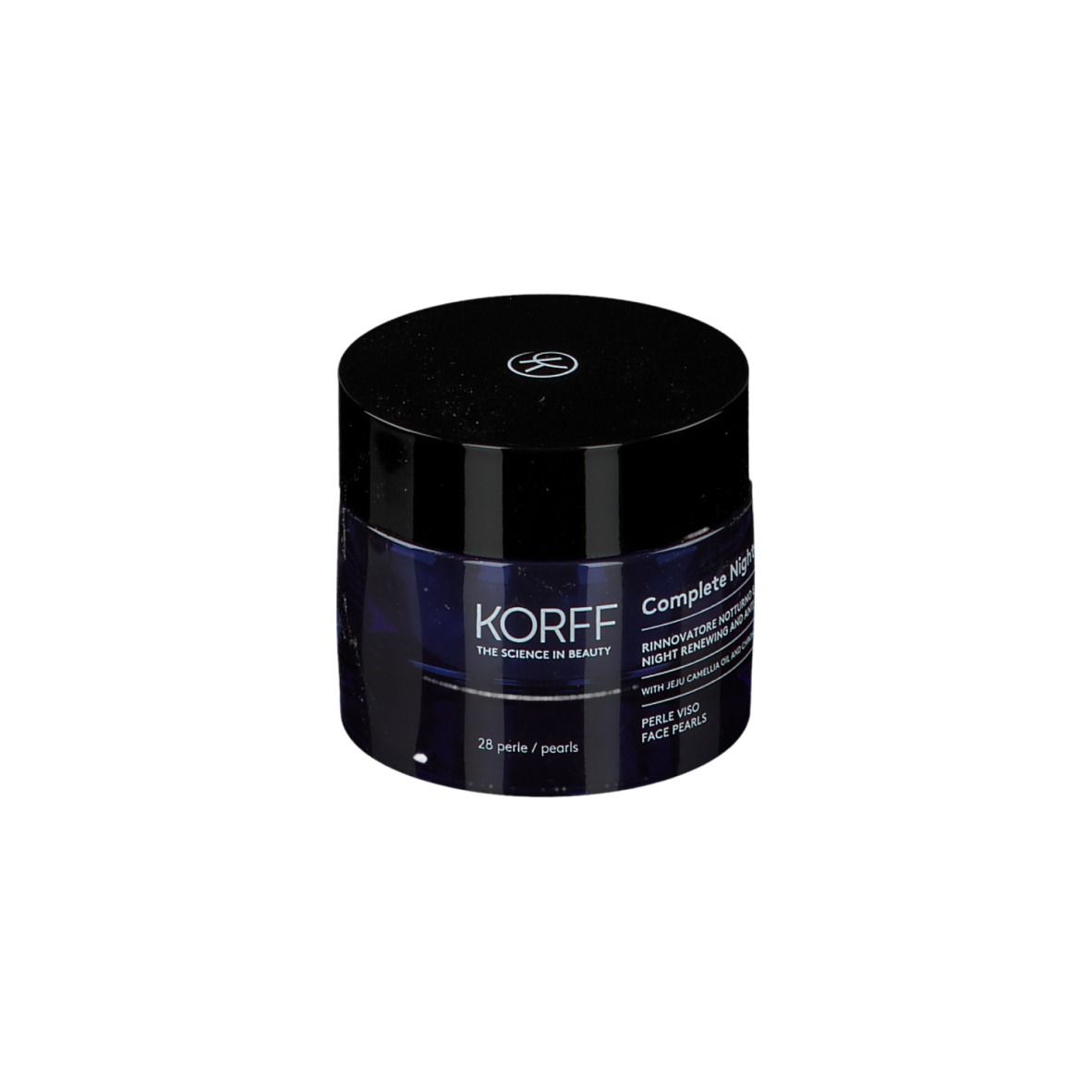 Dunkelblaue Dose mit schwarzem Deckel. Aufschrift: KORFF, Complete Night Renew, 28 Perlen. Monodose.