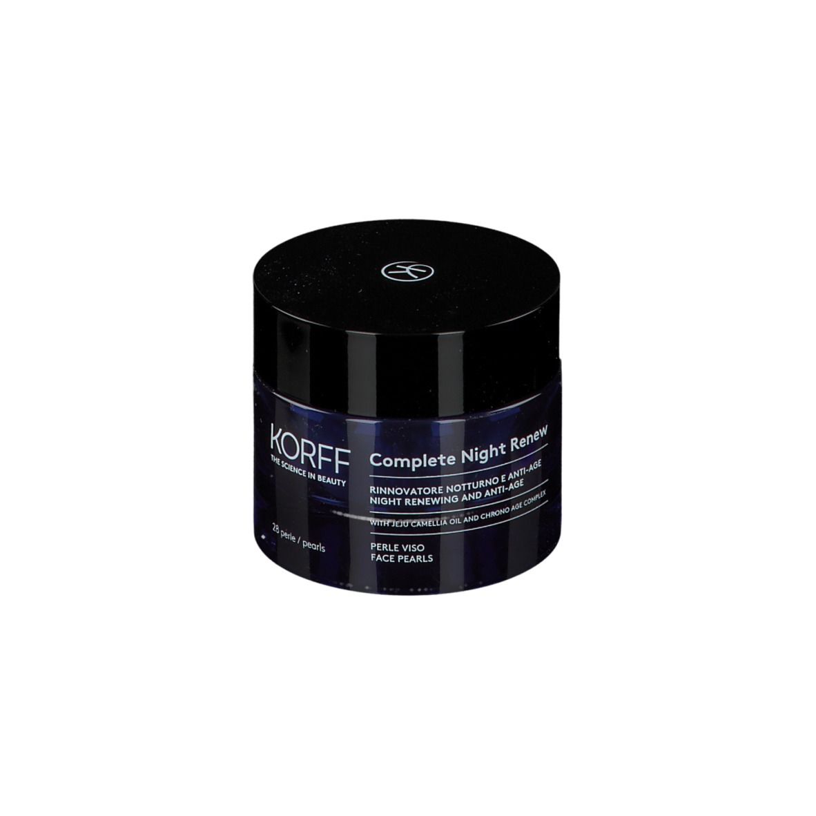 Dunkelblaue Dose mit schwarzem Deckel. Aufschrift: KORFF, Complete Night Renew, 28 Perlen. Monodose.