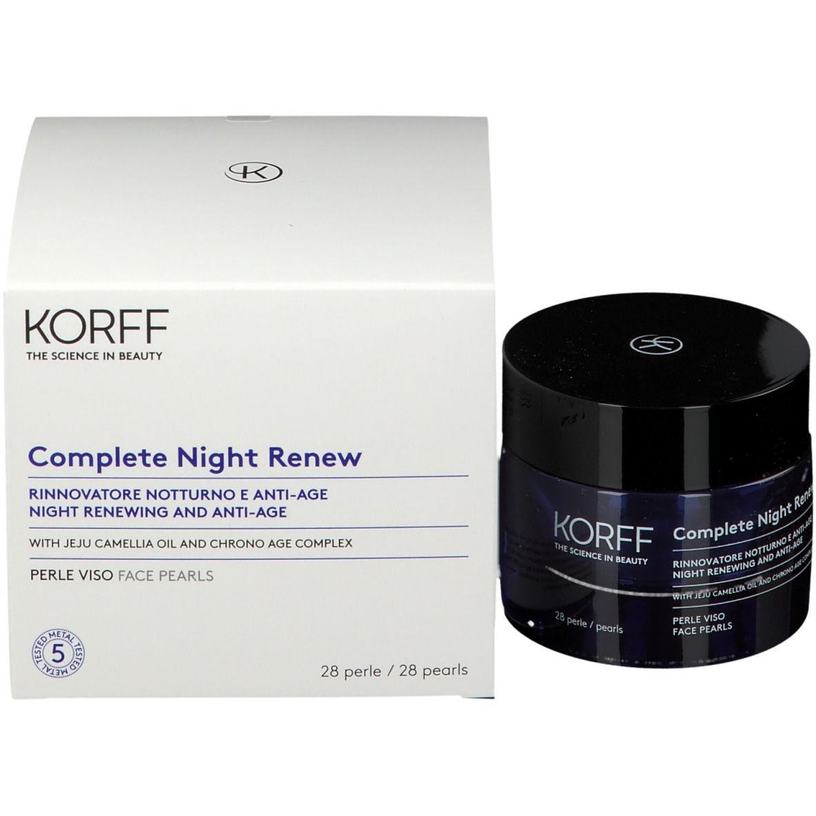 Produktverpackung und Dose. Aufschrift: KORFF, Complete Night Renew, 28 Perlen. 5-Metall-Test.