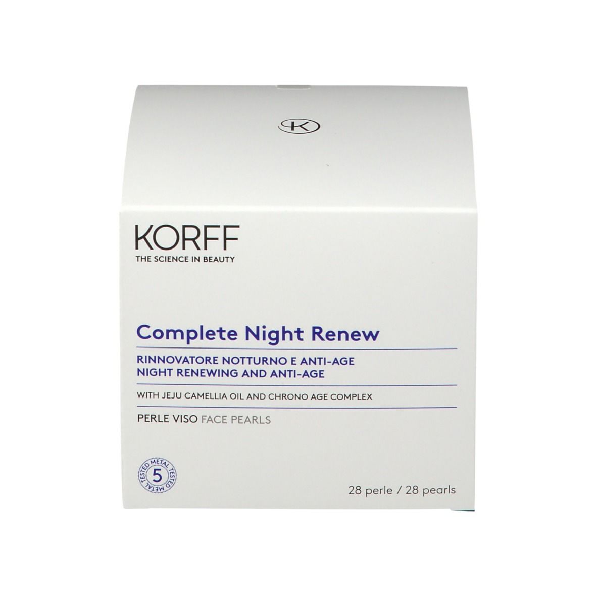 Produktverpackung. Aufschrift: KORFF, Complete Night Renew, 28 Perlen. 5-Metall-Test.