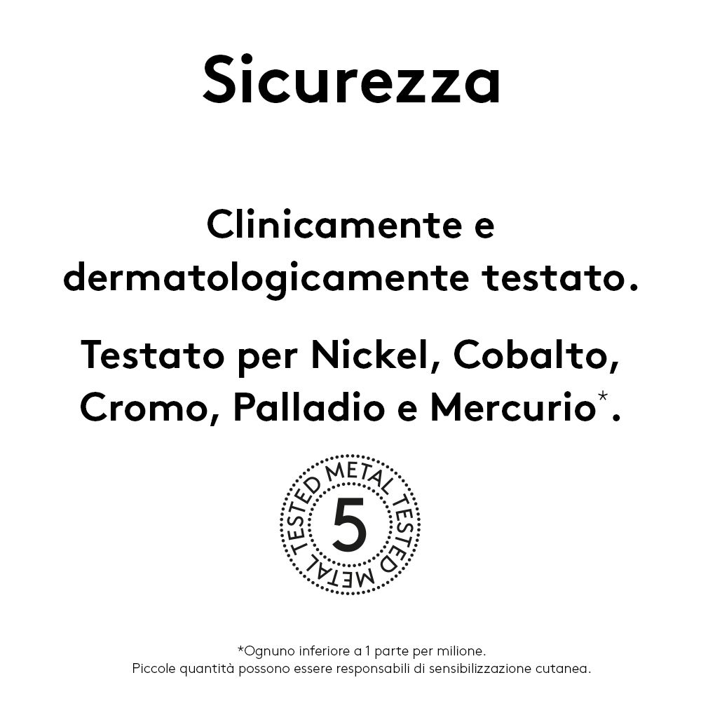 Text: Klinisch und dermatologisch getestet. Getestet auf Nickel, Kobalt, Chrom, Palladium und Quecksilber. Text: Sicurezza.