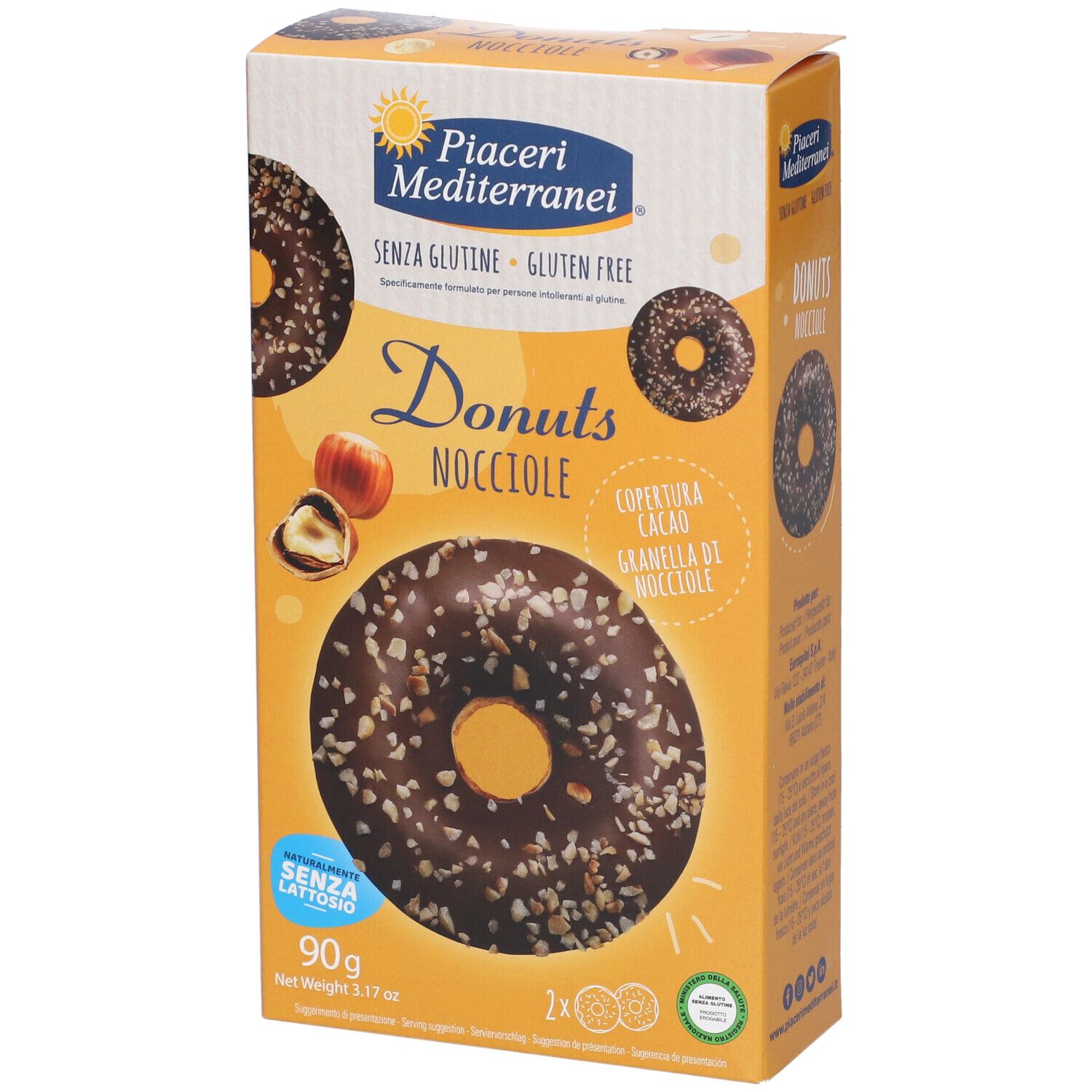 Verpackung von Piaceri Mediterranei® Donuts Nocciole. Aufdruck: Donuts, Haselnuss, glutenfrei, laktosefrei. 90g.