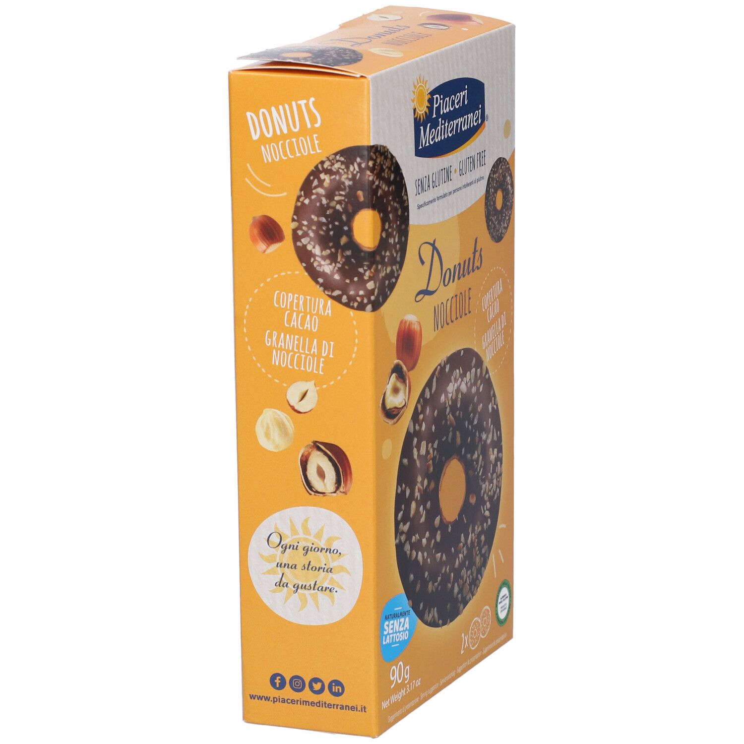 Seitenansicht der Verpackung von Piaceri Mediterranei® Donuts Nocciole. Aufdruck: Donuts, Haselnuss, glutenfrei, laktosefrei. 90g.