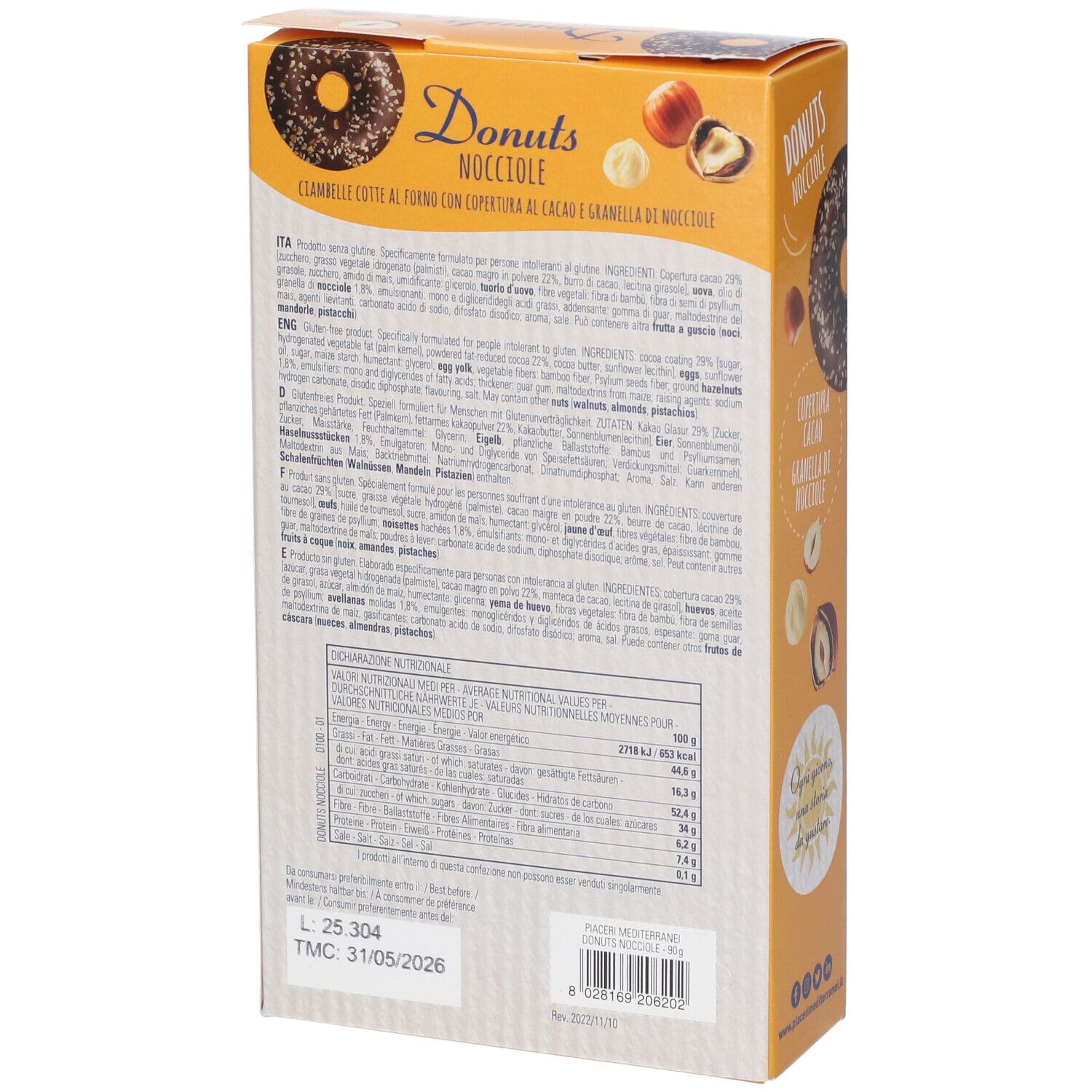 Rückseite der Verpackung von Piaceri Mediterranei® Donuts Nocciole. Enthält Nährwertangaben und Zutatenliste.