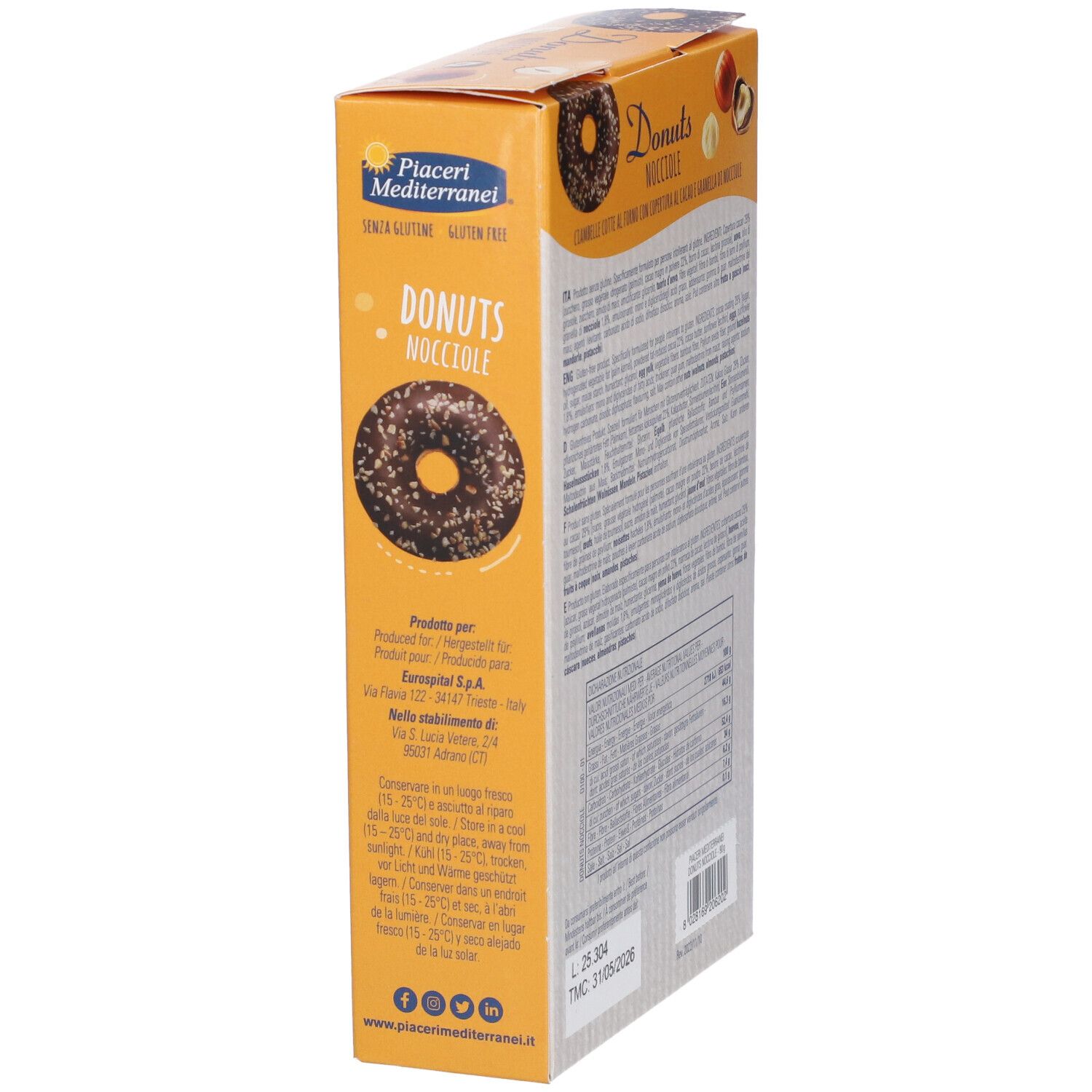 Seitenansicht der Verpackung von Piaceri Mediterranei® Donuts Nocciole. Aufdruck: Donuts, Nährwertangaben, Zutaten.