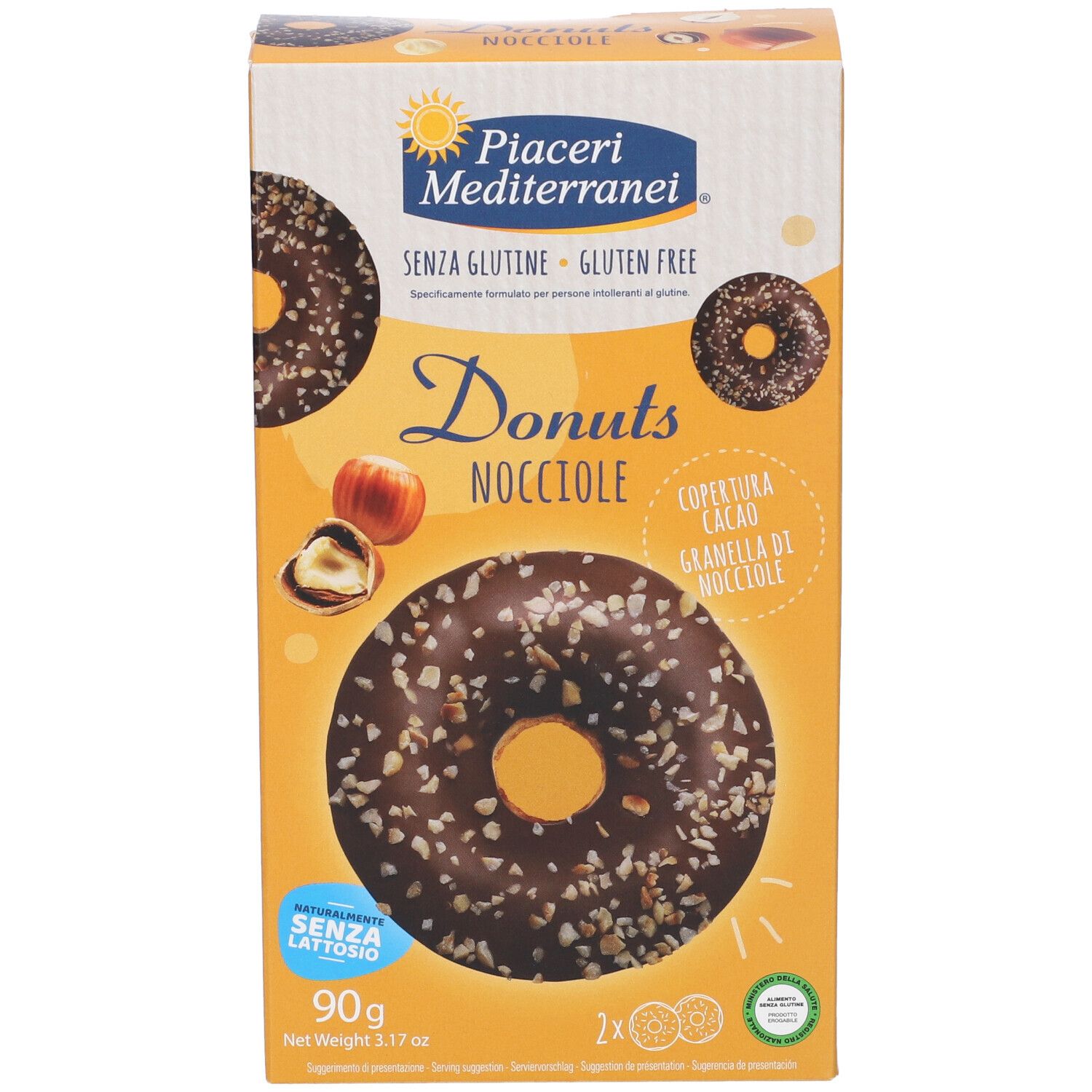 Verpackung von Piaceri Mediterranei® Donuts Nocciole. Aufdruck: Donuts, Haselnuss, glutenfrei, laktosefrei. 90g.