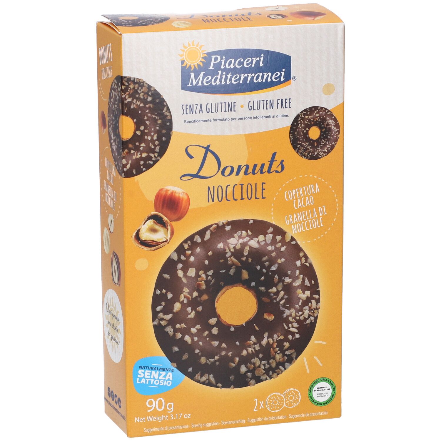 Verpackung von Piaceri Mediterranei® Donuts Nocciole. Aufdruck: Donuts, Haselnuss, glutenfrei, laktosefrei. 90g.