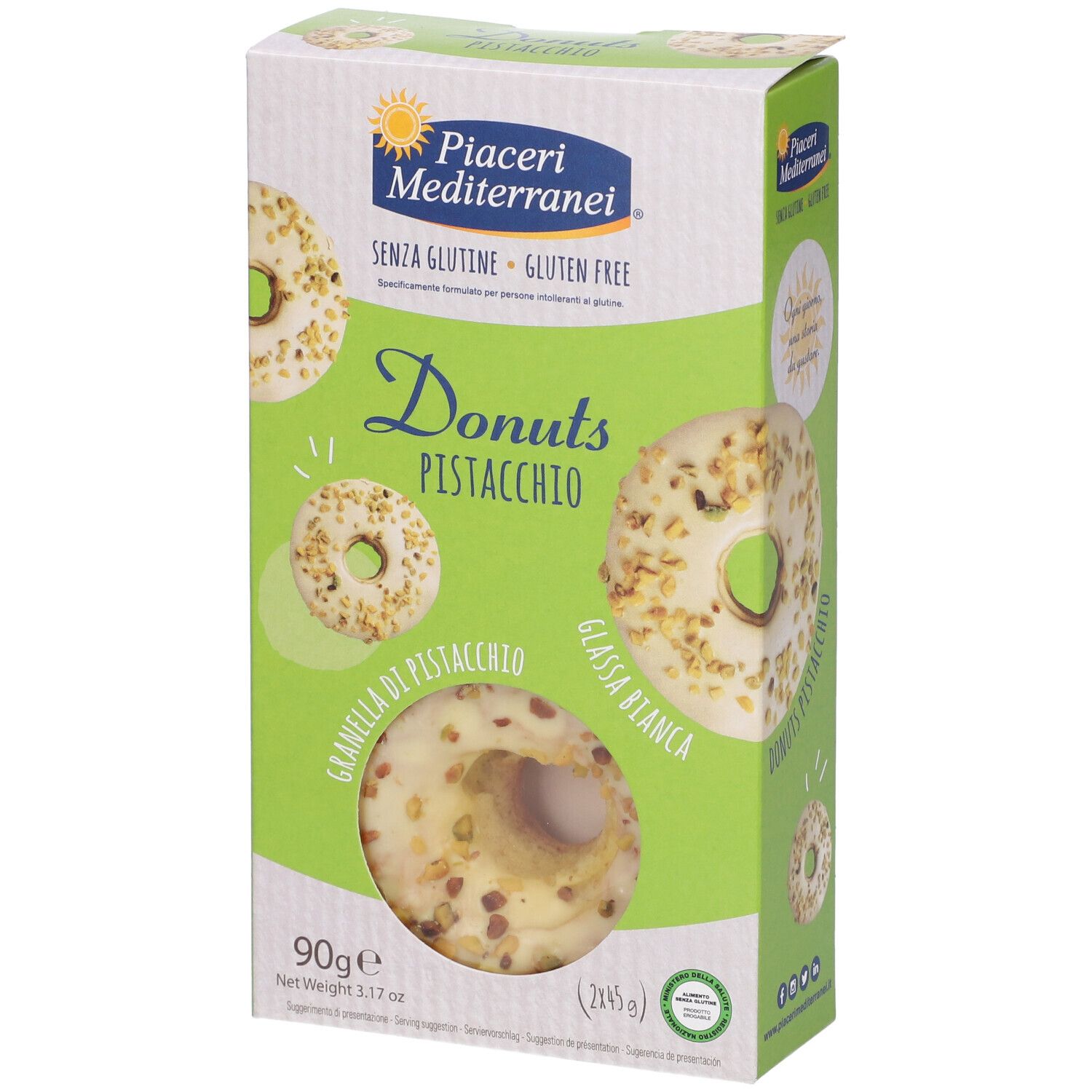 Confezione di Donuts Pistacchio. Marchio: Piaceri Mediterranei. Senza glutine. Donuts con glassa bianca e pistacchi.