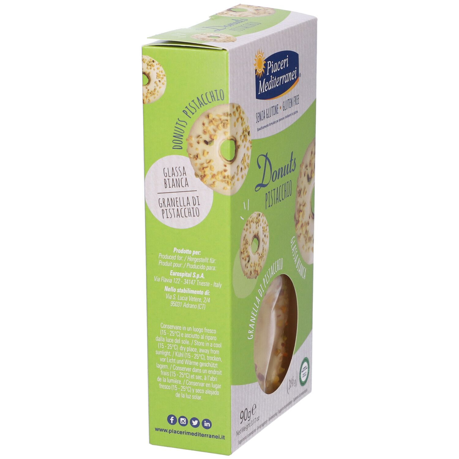 Confezione di Donuts Pistacchio. Marchio: Piaceri Mediterranei. Senza glutine. Vista laterale. Testo e immagine donuts.