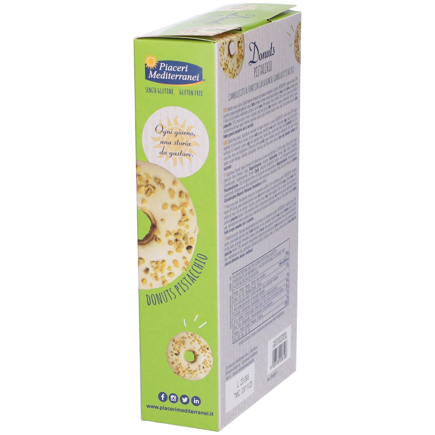 Confezione di Donuts Pistacchio. Marchio: Piaceri Mediterranei. Senza glutine. Vista laterale con testo e immagine donuts.