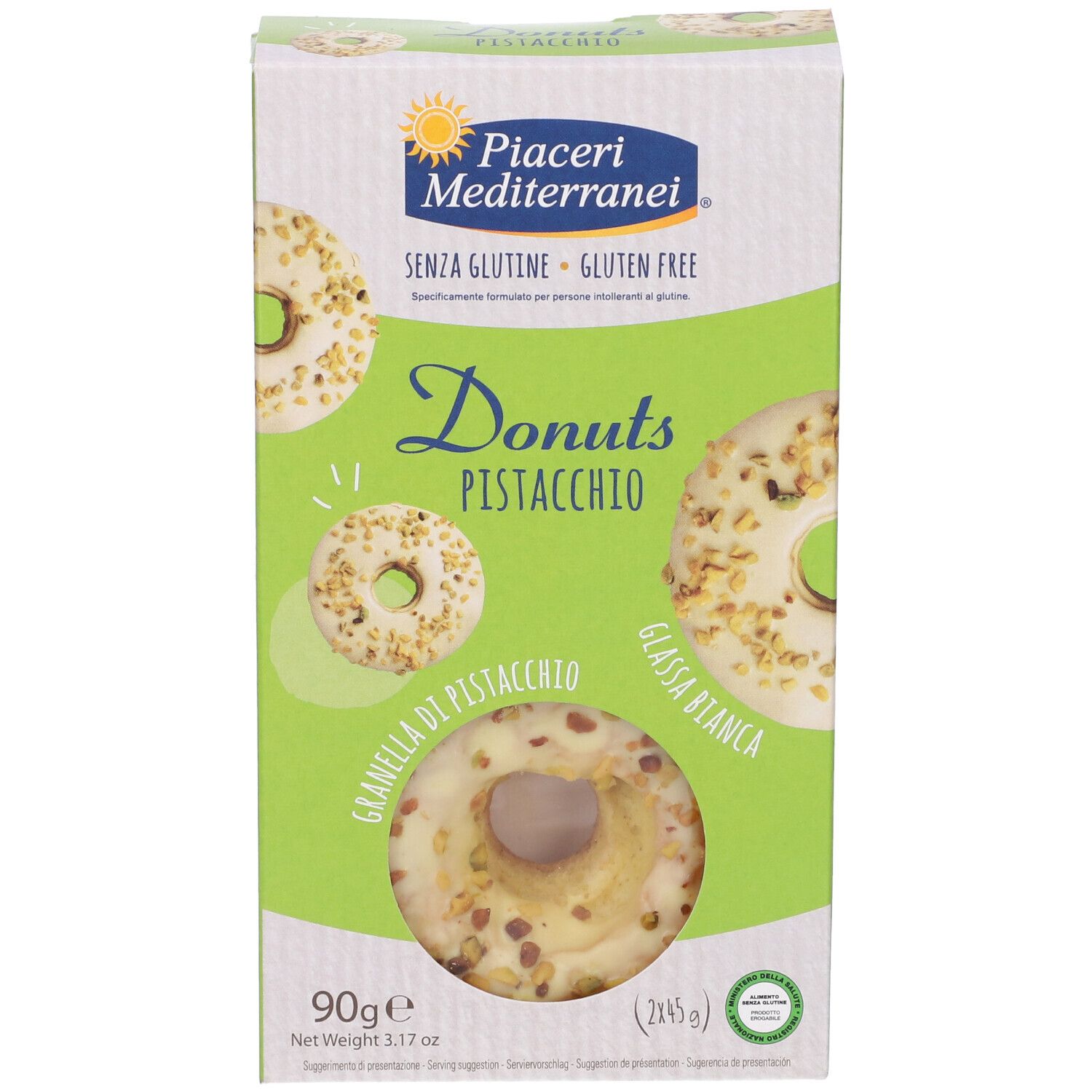 Confezione di Donuts Pistacchio. Marchio: Piaceri Mediterranei. Senza glutine. Donuts con glassa bianca e pistacchi.