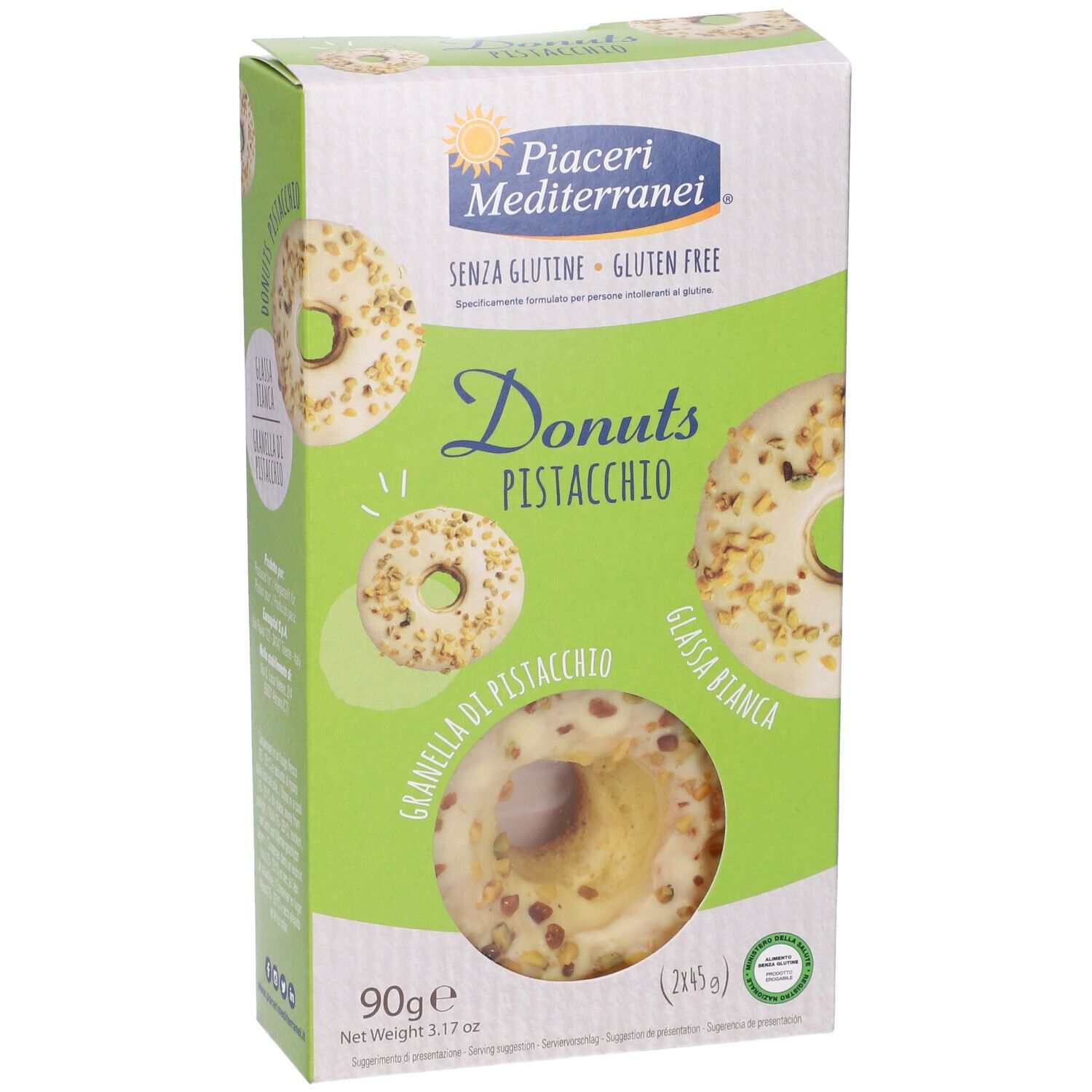 Confezione di Donuts Pistacchio. Marchio: Piaceri Mediterranei. Senza glutine. Donuts con glassa bianca e pistacchi.