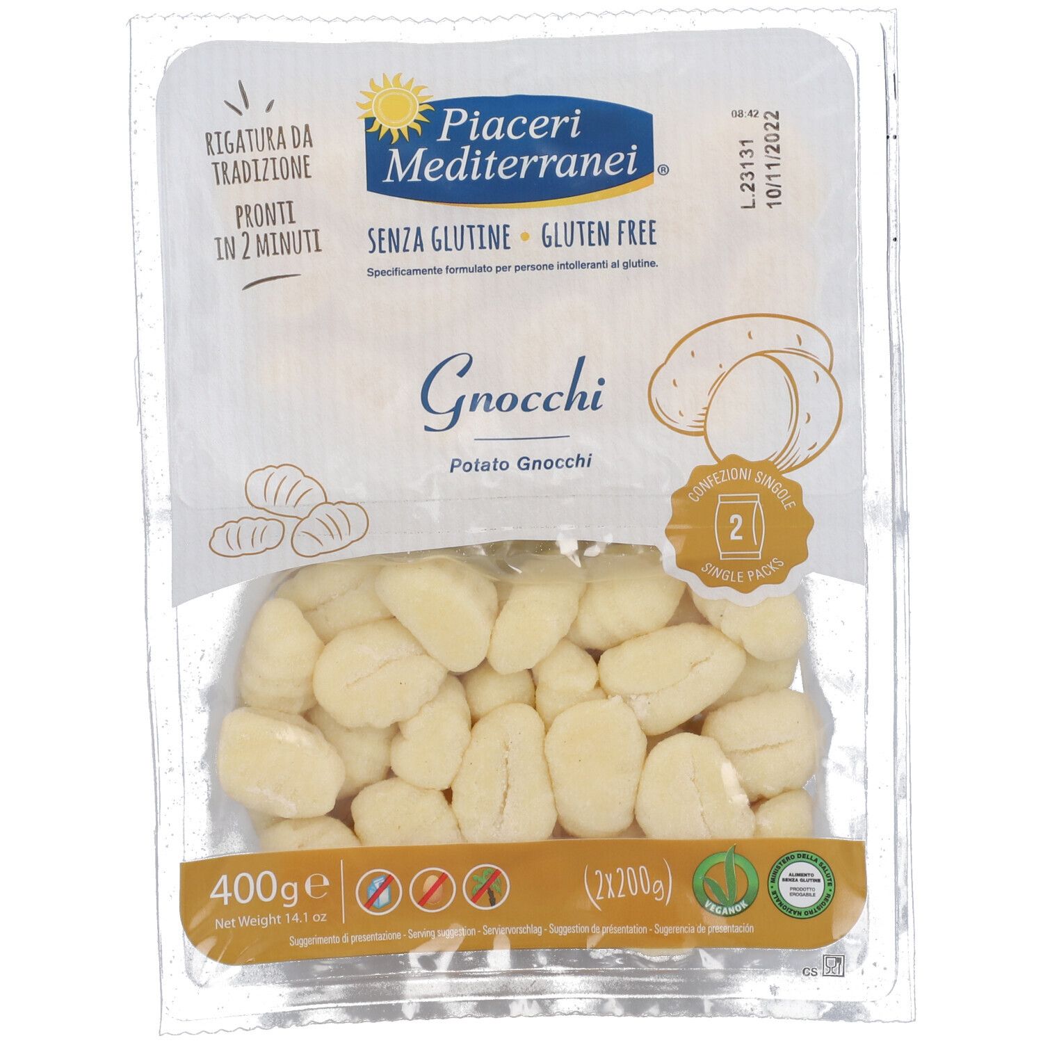 Gnocchi in transparenter Verpackung. Marke Piaceri Mediterranei. Glutenfrei. Kartoffel-Gnocchi. 400g.