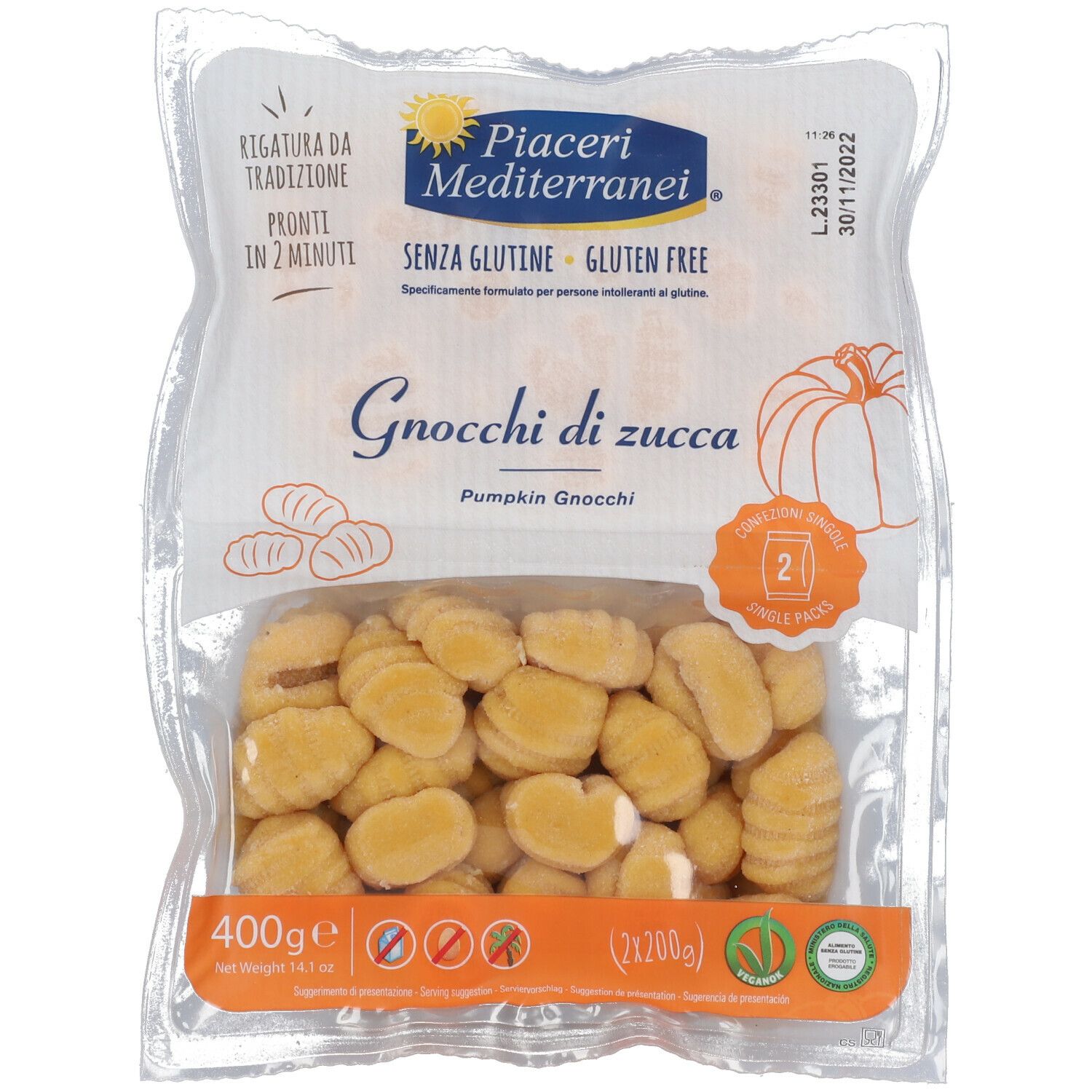 Confezione di gnocchi di zucca. Senza glutine. 400g. Confezione trasparente con vista prodotto e logo.