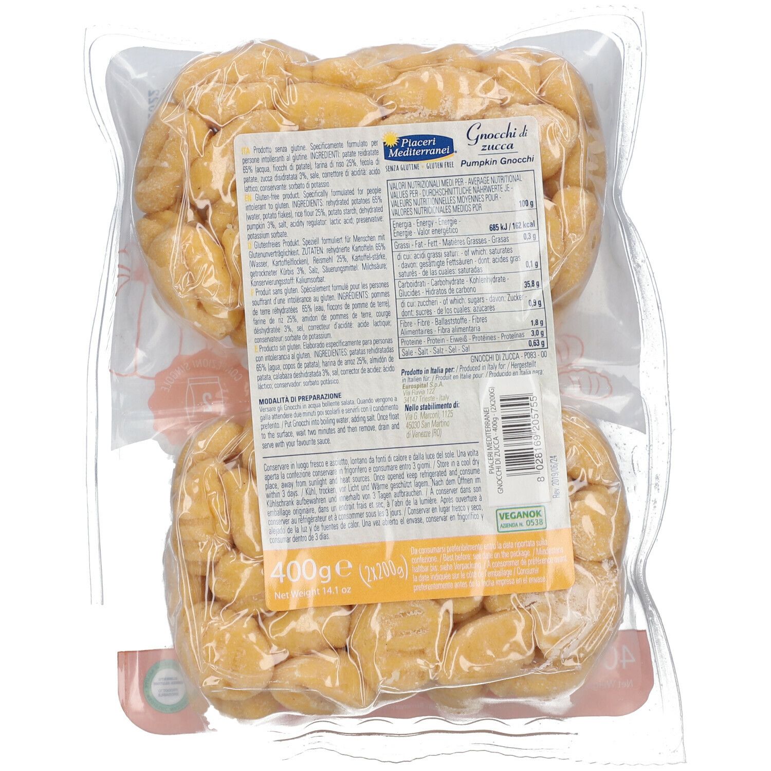 Confezione di gnocchi di zucca. 400g. Retro con informazioni nutrizionali e logo. Senza glutine.