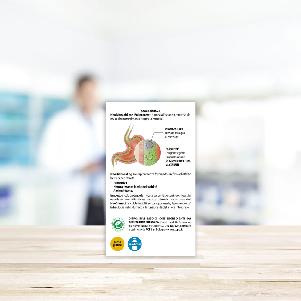Rückseite der Neobianacid-Schachtel. Informationen zur Wirkungsweise. Medizinprodukt.
